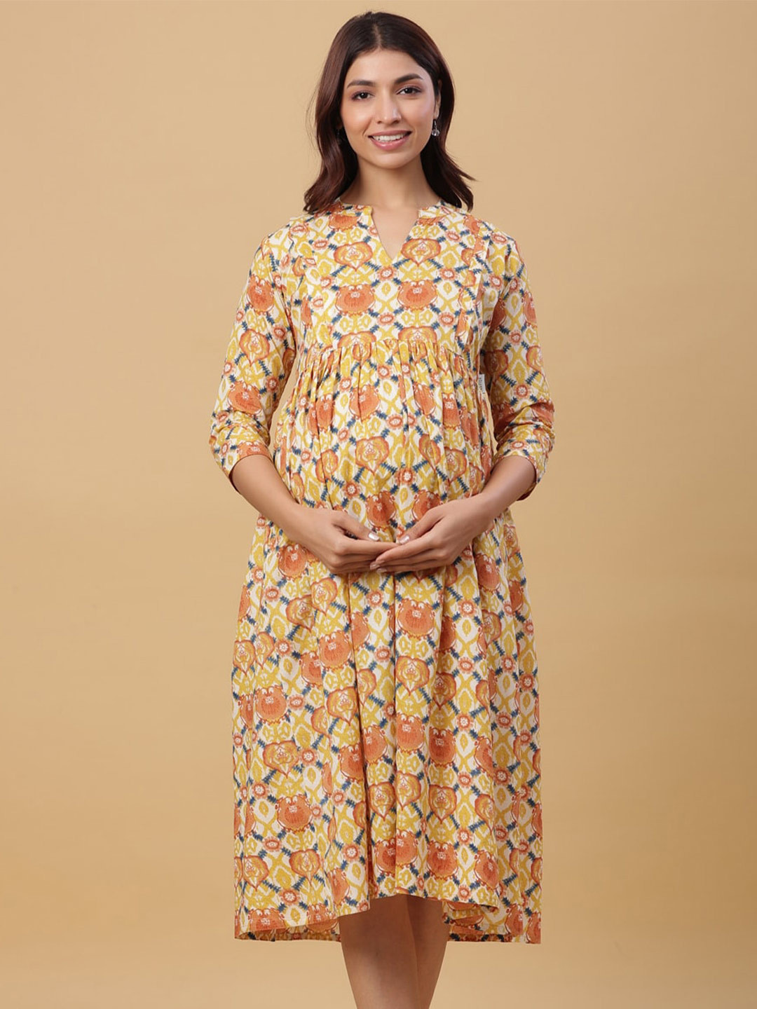 CRAFIQA Ethnic Motif Printed Maternity Band Collar Empire Midi Cotton Dress