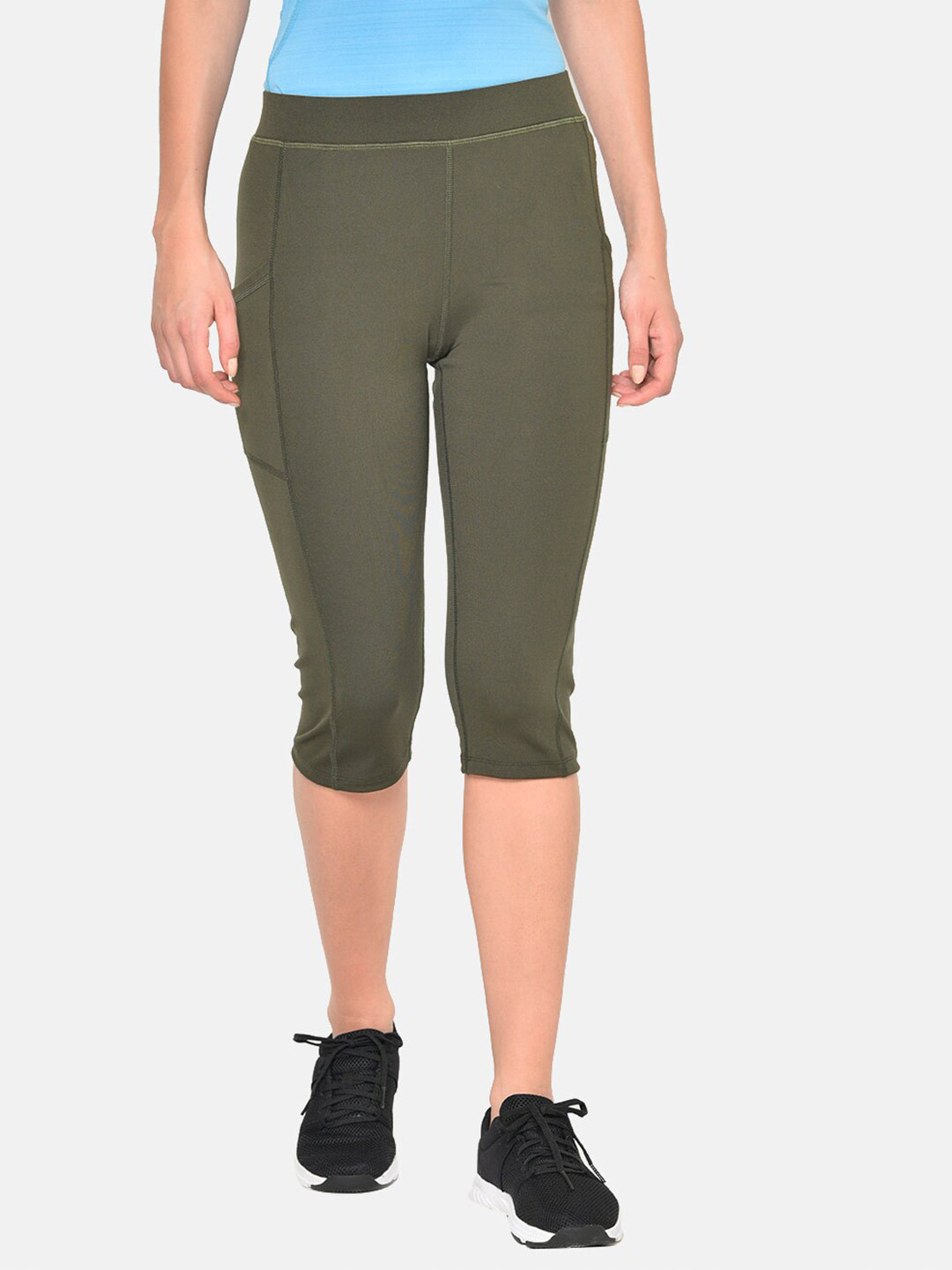 CHKOKKO Women Olive Green Skinny Fit Yoga Gym Sports Workout Capris