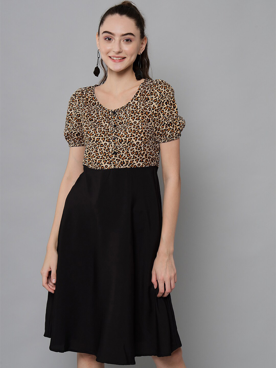 emeros Printed Puff Sleeve Fit And Flare Dress