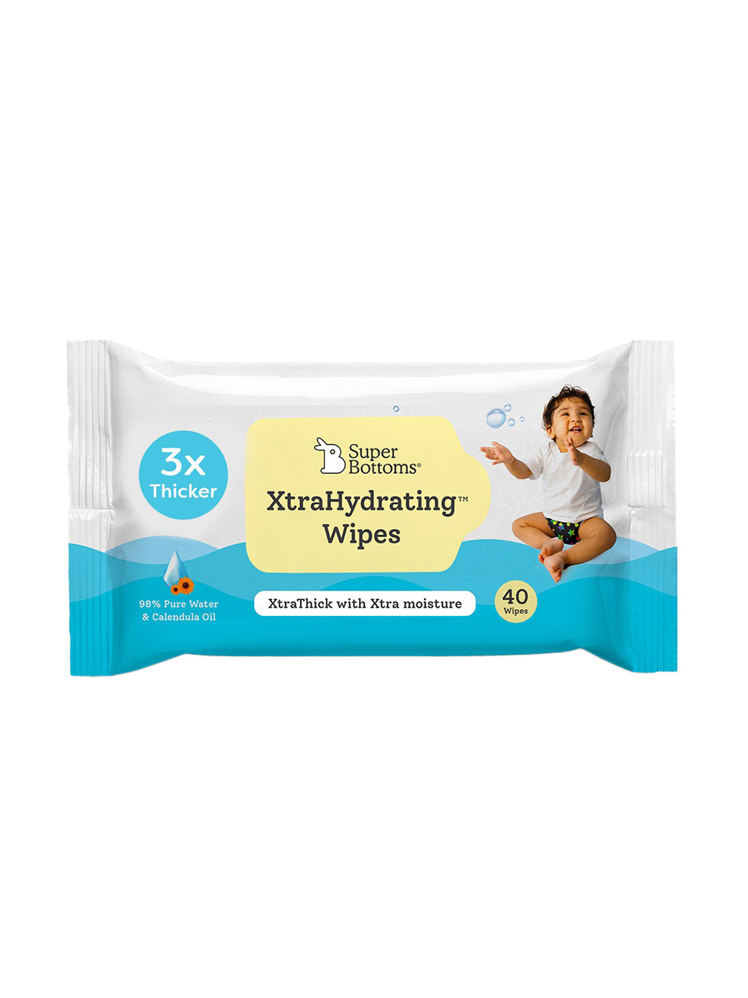 SuperBottoms Kids XtraHydrating Baby Wipes with 98% Pure Water & Calendula Oil - 40 Wipes