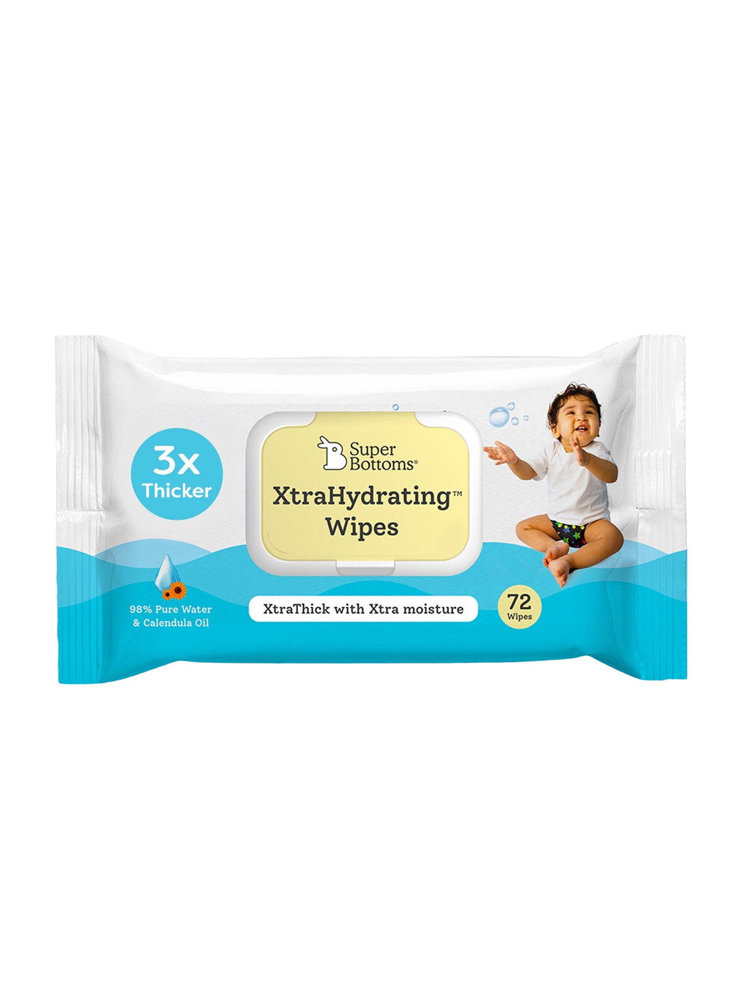 SuperBottoms Kids XtraHydrating Baby Wipes with 98% Pure Water & Calendula Oil - 72 Wipes