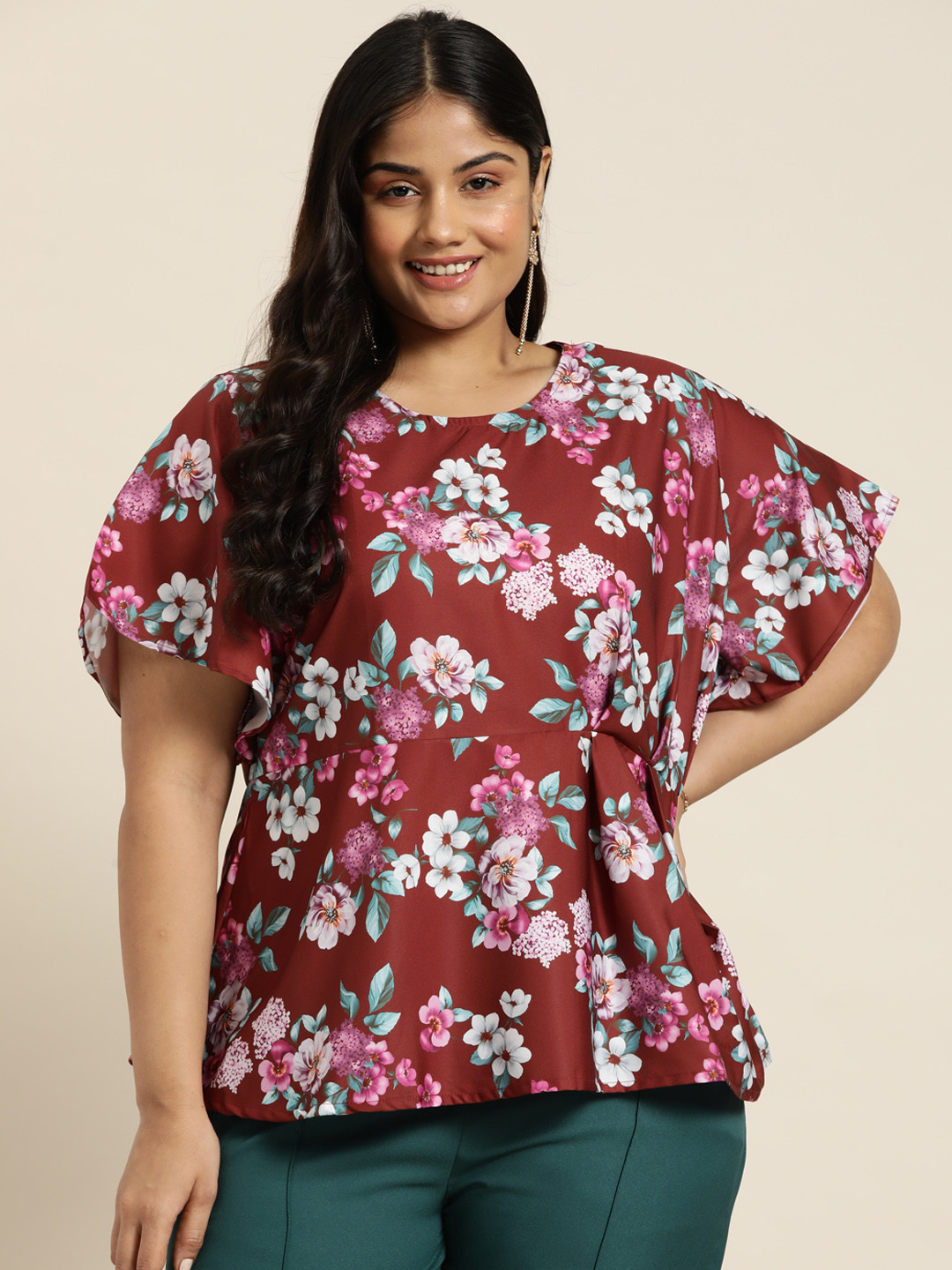 Sztori Plus Size Floral Print Flared Sleeves Top