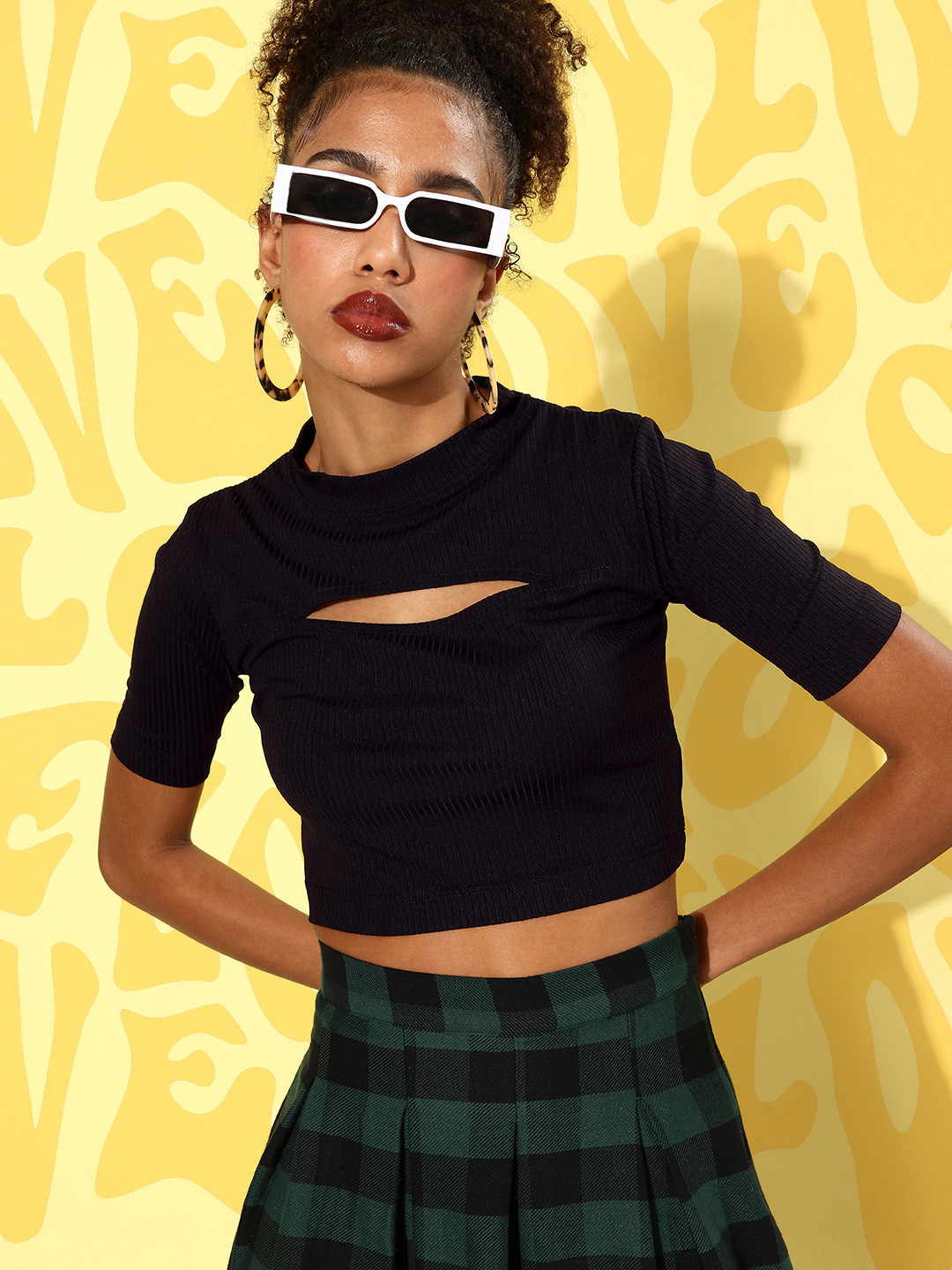 ANVI Be Yourself Black High Neck Crop Top With Cut Out Detail