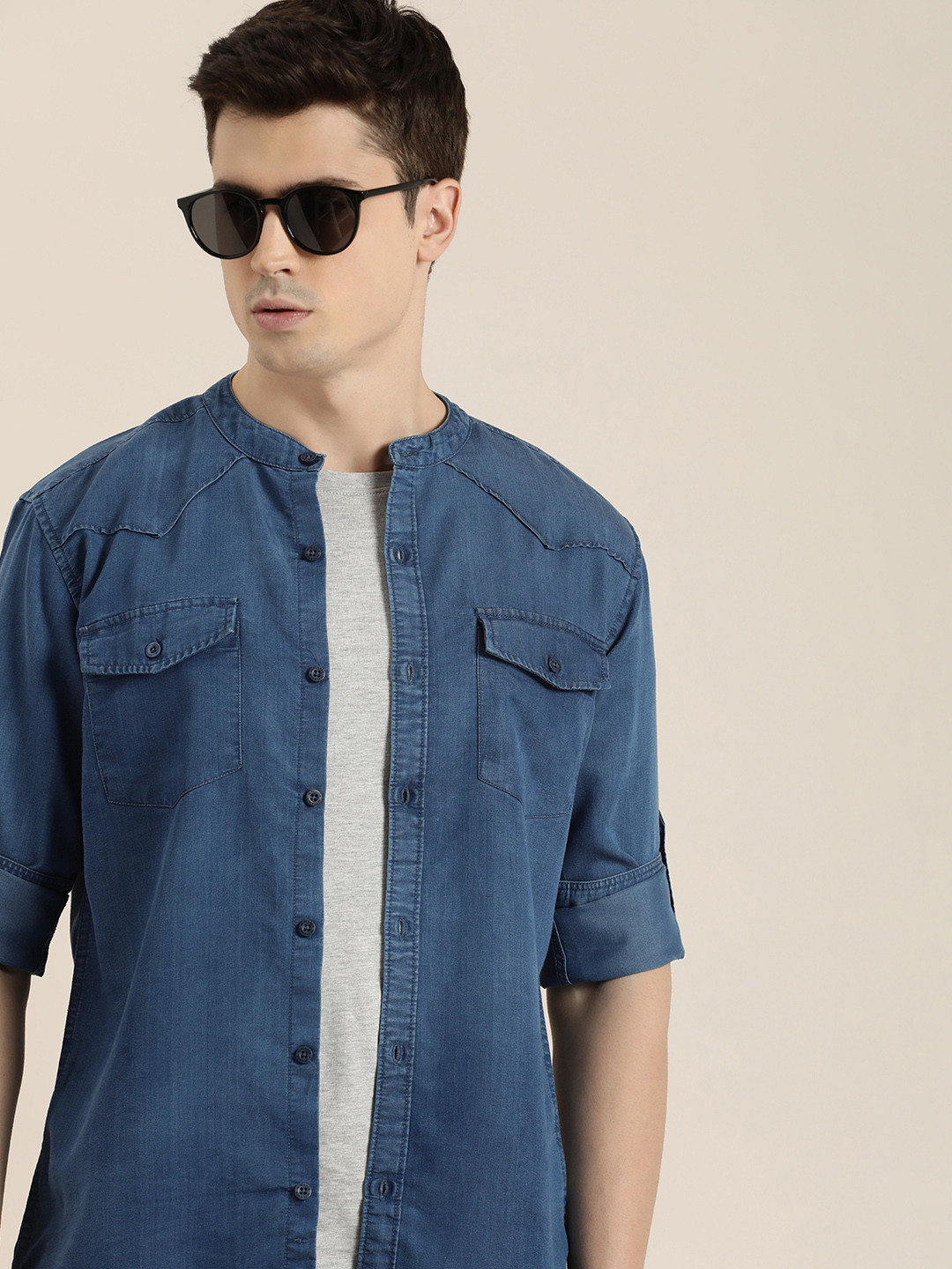 Moda Rapido Band Collar Chambray Casual Shirt