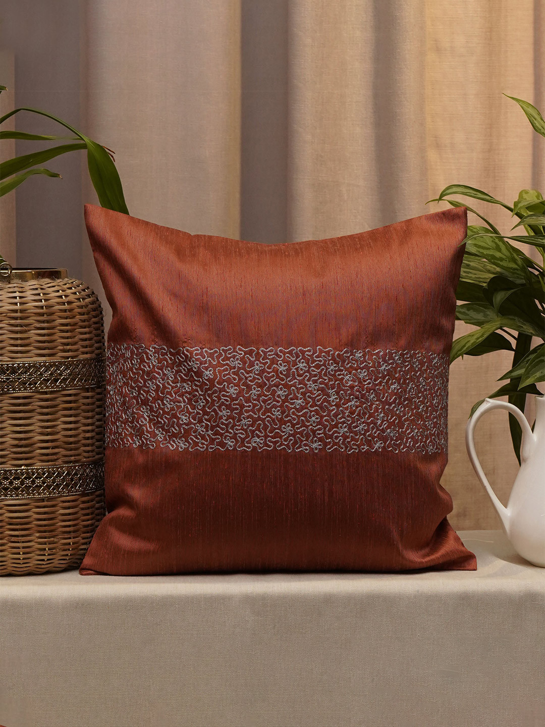 ZEBA Rust Red Embroidered Square Cushion Cover