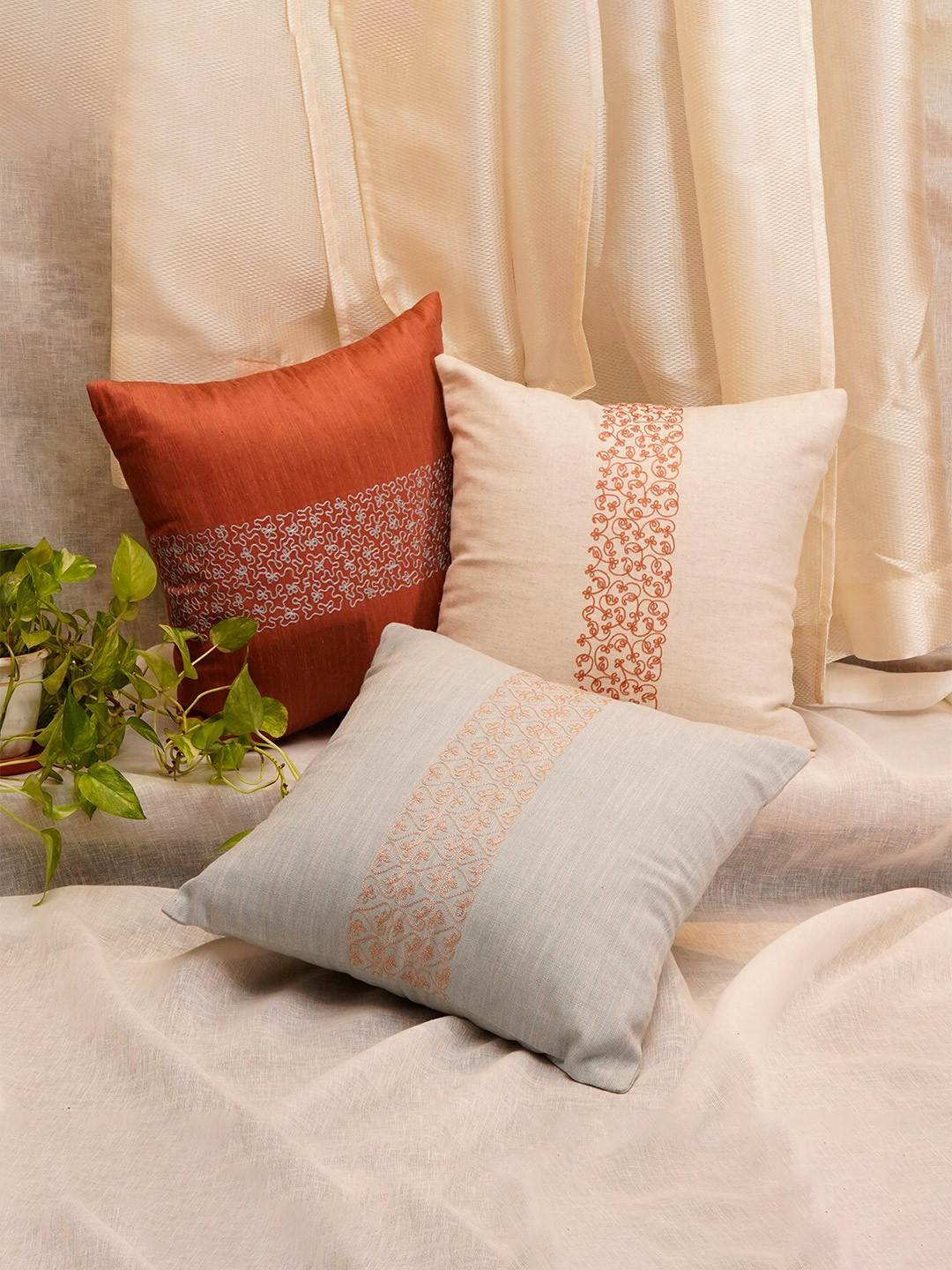 ZEBA Red Embroidered Polyester Lightweight 3 Pcs Square Cushion Covers - 16 x 16 In