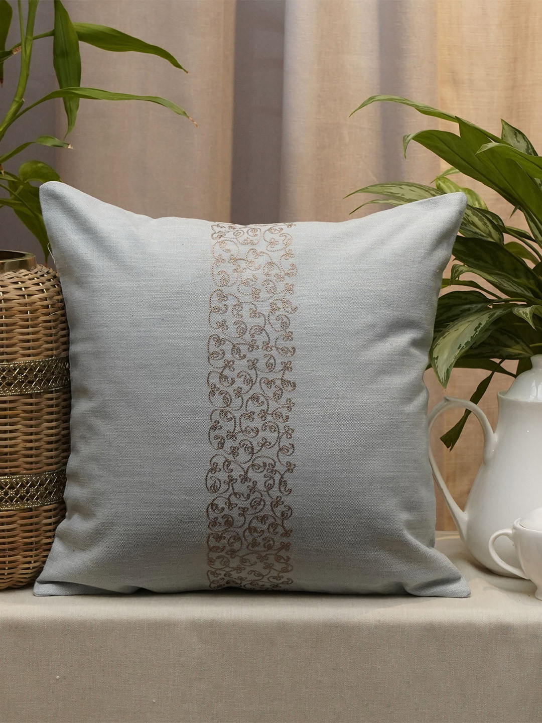 ZEBA Light Grey & Mustard Embroidered Square Cushion Cover