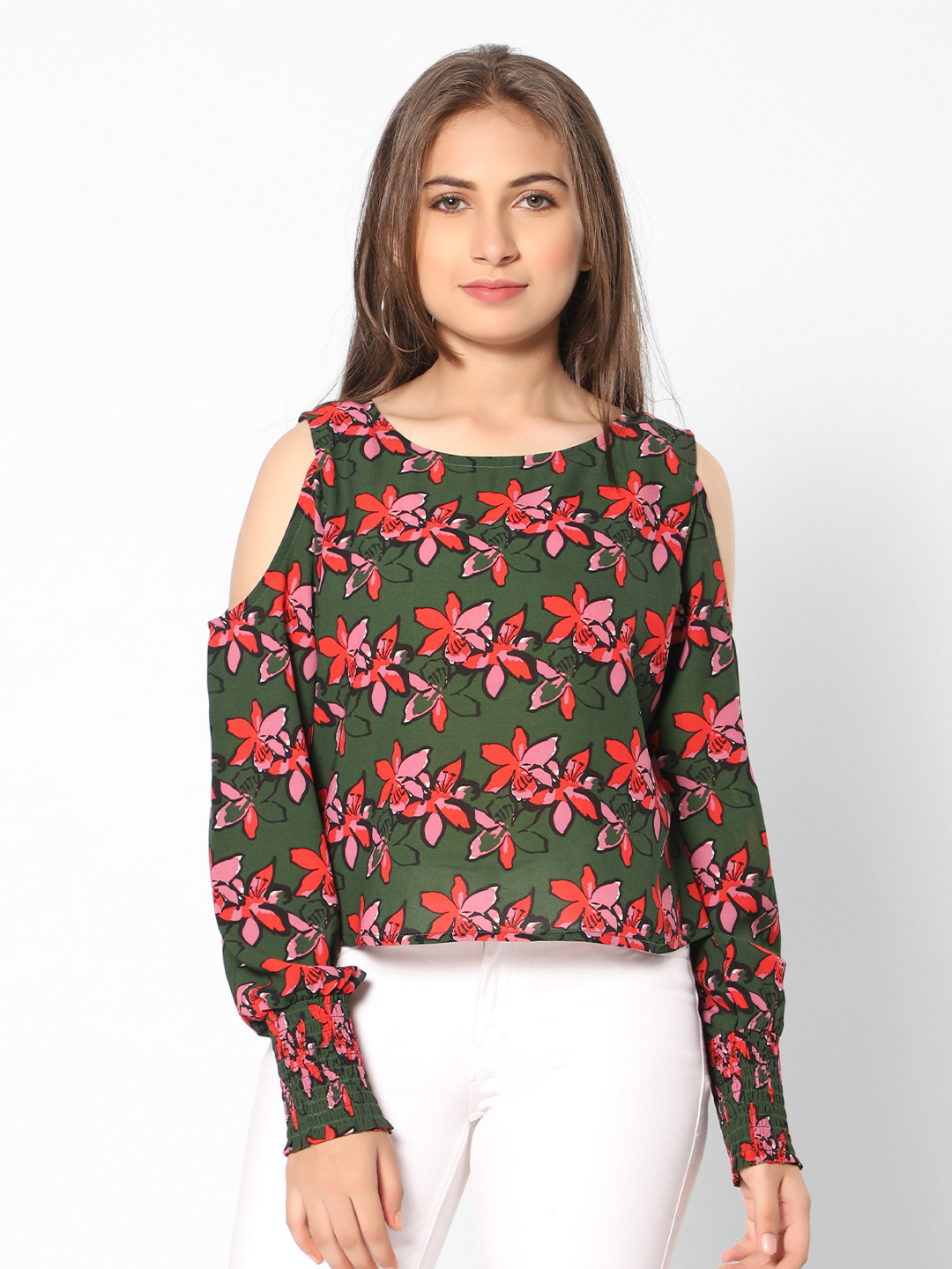 TeenTrums Girls Floral Printed Cold Shoulder Sleeve Top