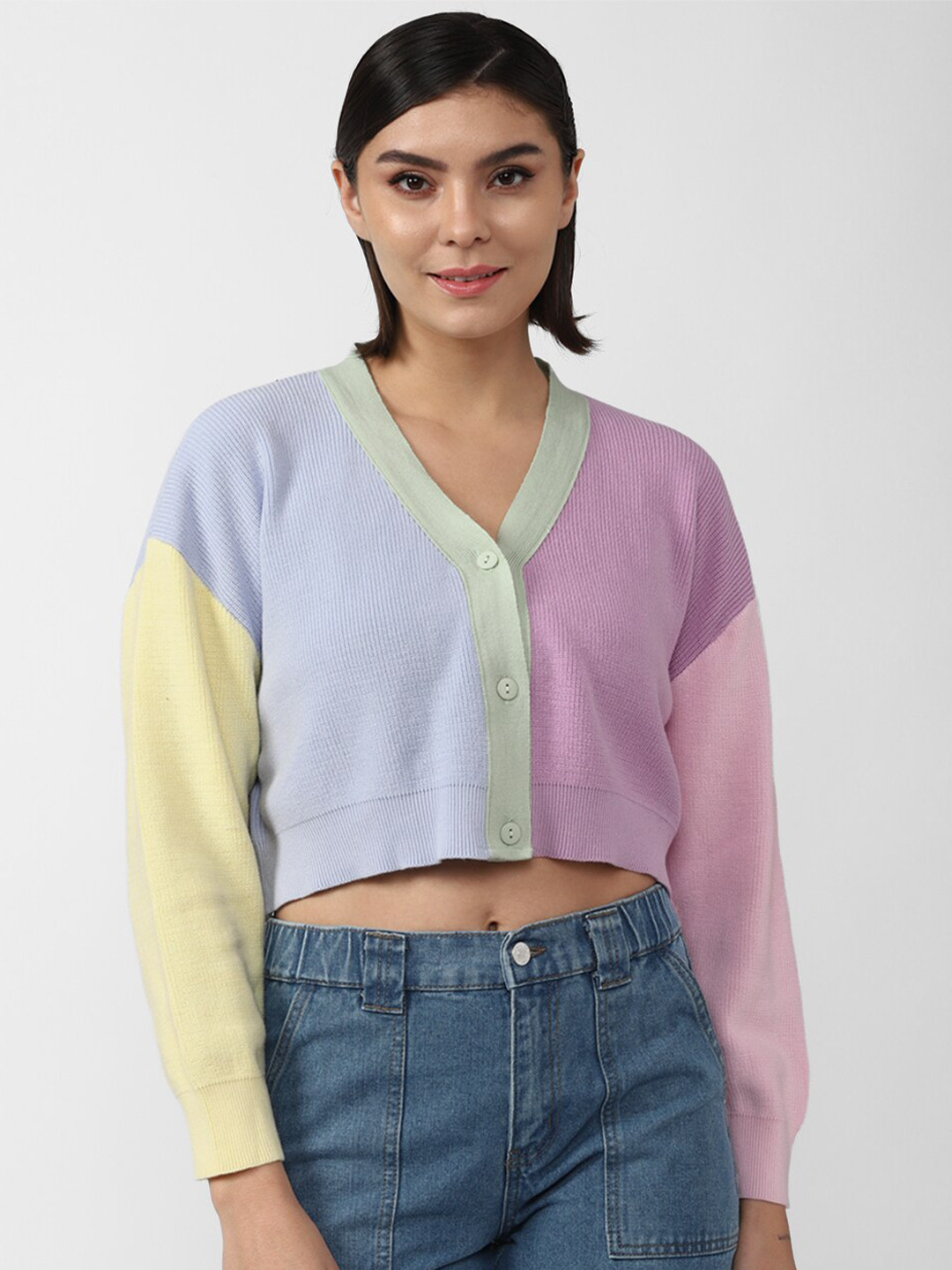FOREVER 21 Women Colourblocked Pure Cotton Crop Cardigan