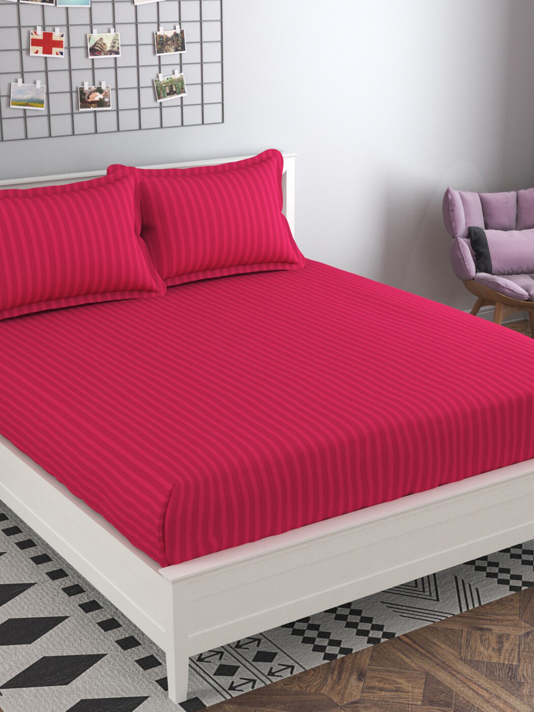 PRESTO Pink Striped Cotton 210 TC King Fine Bedsheet with 2 Pillow Covers-108 x 108 inches