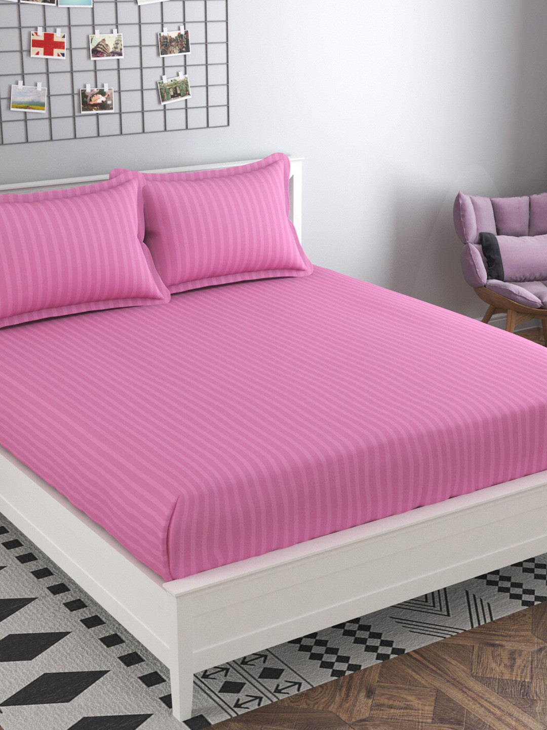 PRESTO Pink Striped Pure Cotton 210 TC King Fine Bedsheet with 2 Pillow Covers-108 x 108 inches