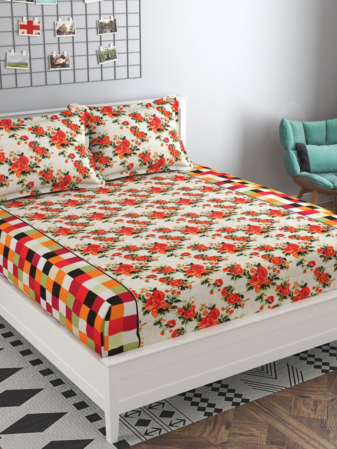 PRESTO Orange Floral Pure Cotton 160 TC Queen Bedsheet with 2 Pillow Covers-87 x 91 inches