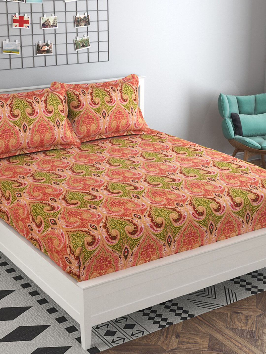 PRESTO Pink Ethnic Motifs Pure Cotton 160 TC Queen Bedsheet with 2 Pillow Covers-220 x 230 cm