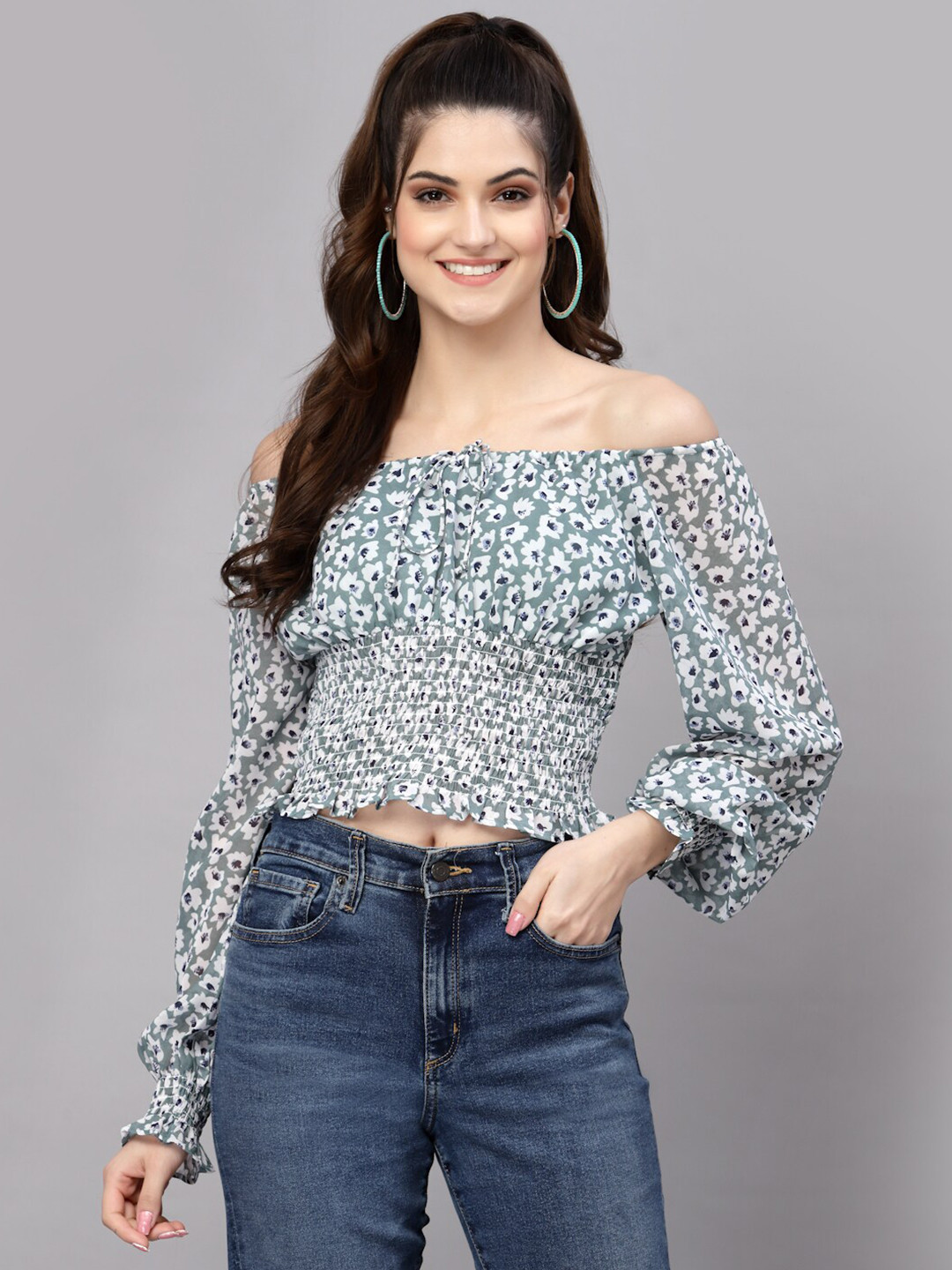 aayu Floral Printed Off-Shoulder Georgette Bardot Crop Top