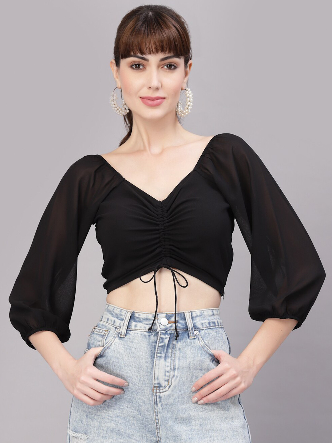 aayu Georgette Puff Sleeve Front Tie-up Crop Top