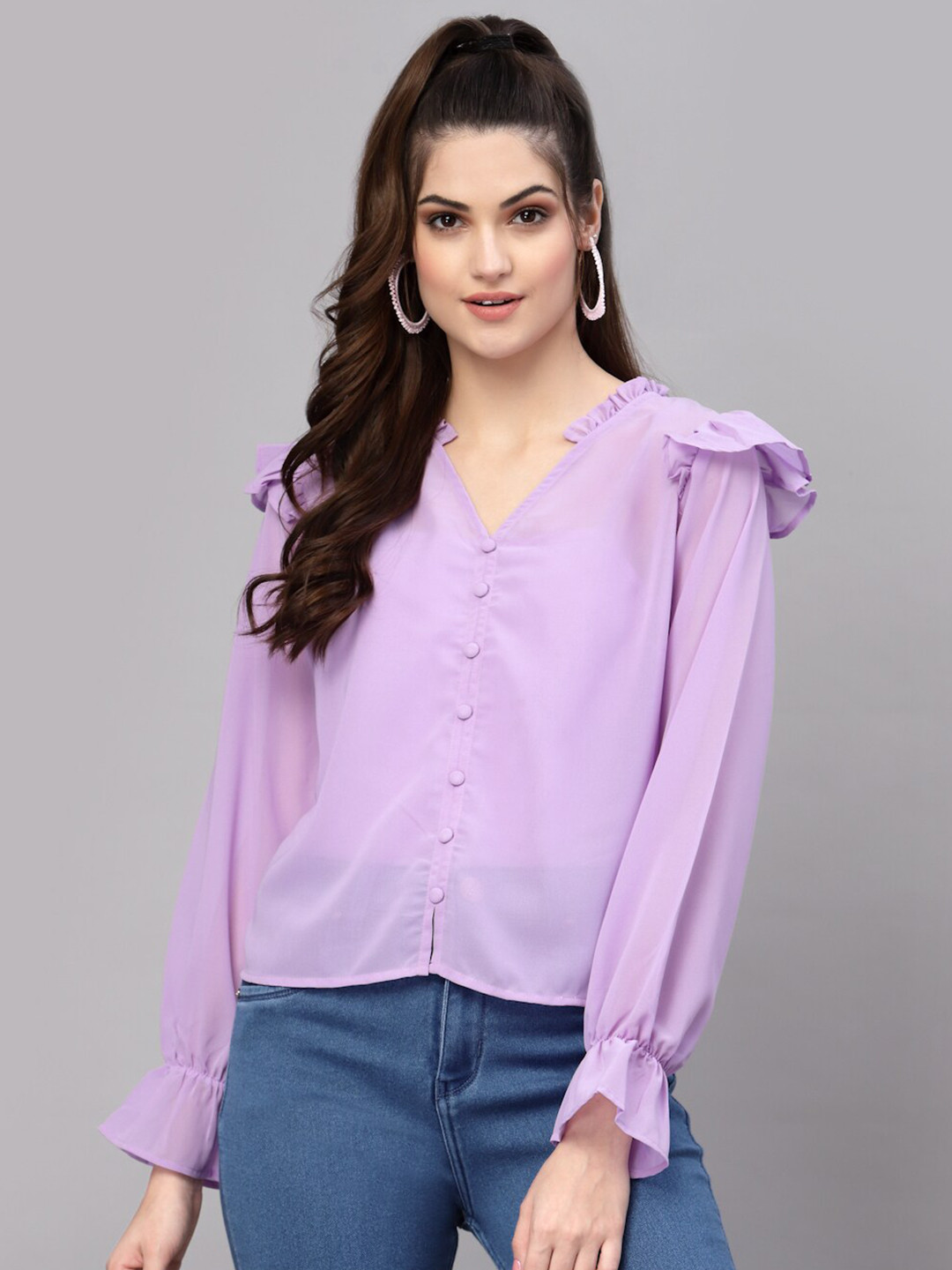 aayu Lavender Ruffles Georgette Top