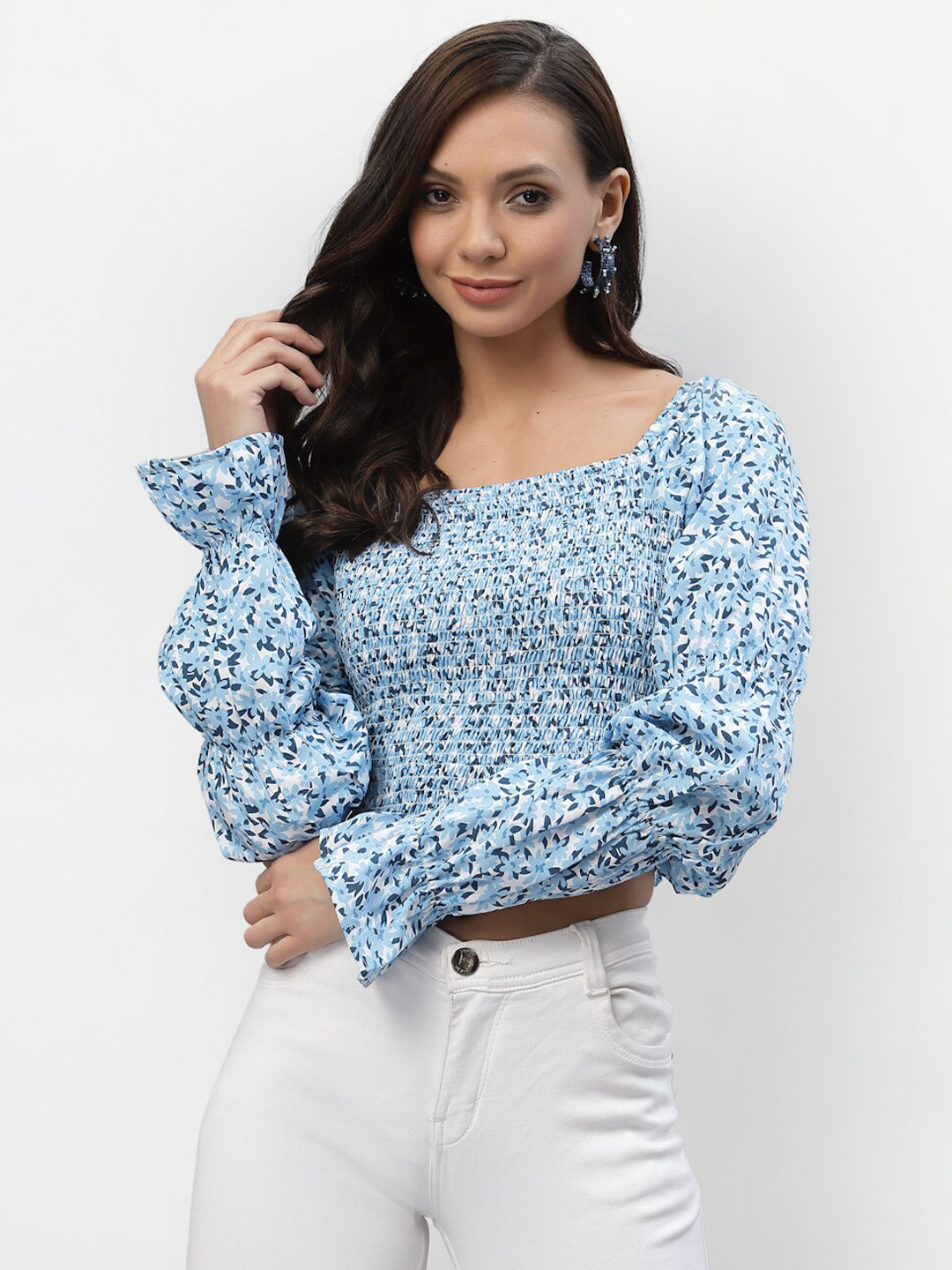 aayu Navy Floral Print Smocked Crop Top