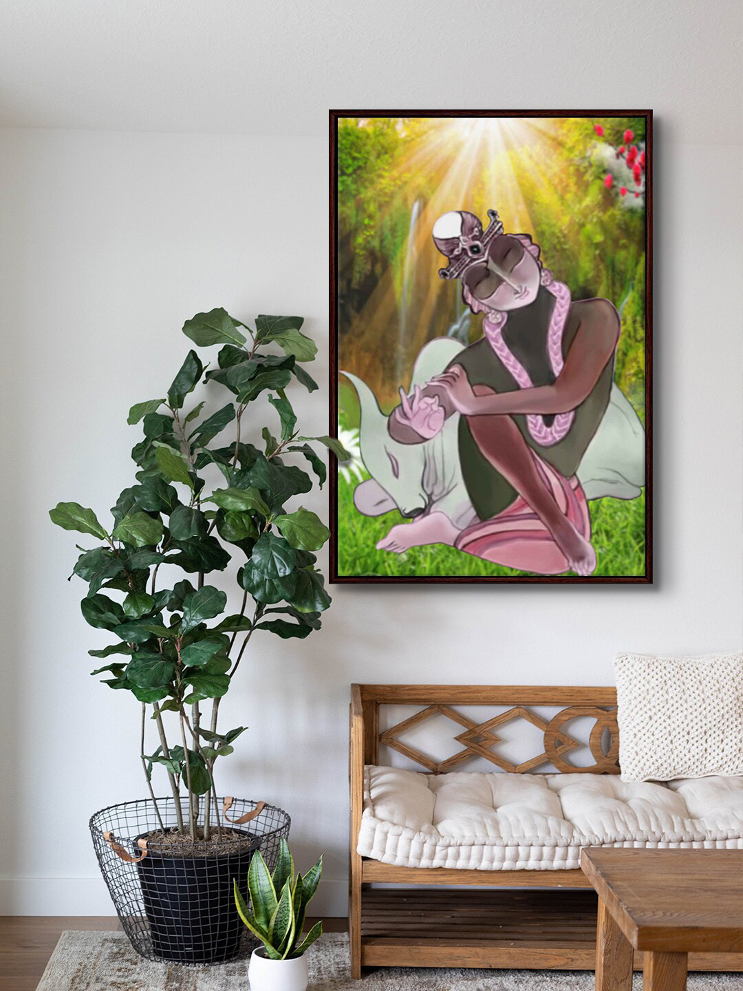 999Store Lord Krishna Sitting With Cow Painting Framed Wall Art