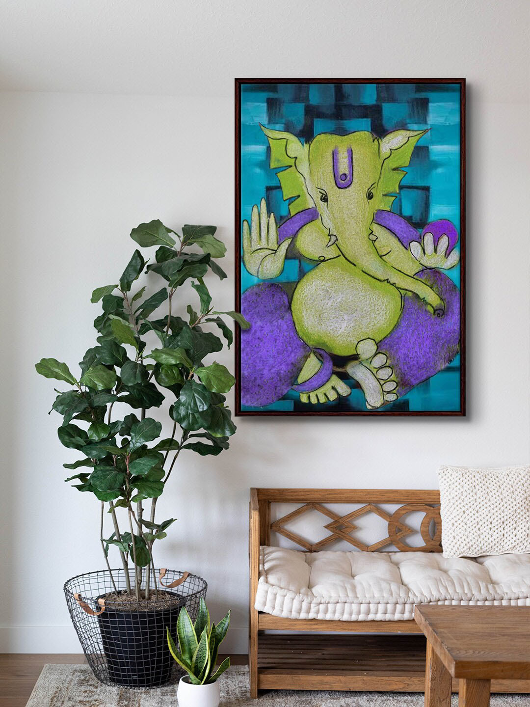 999Store Blue & Green Sitting Lord Ganesha Painting Wall Art