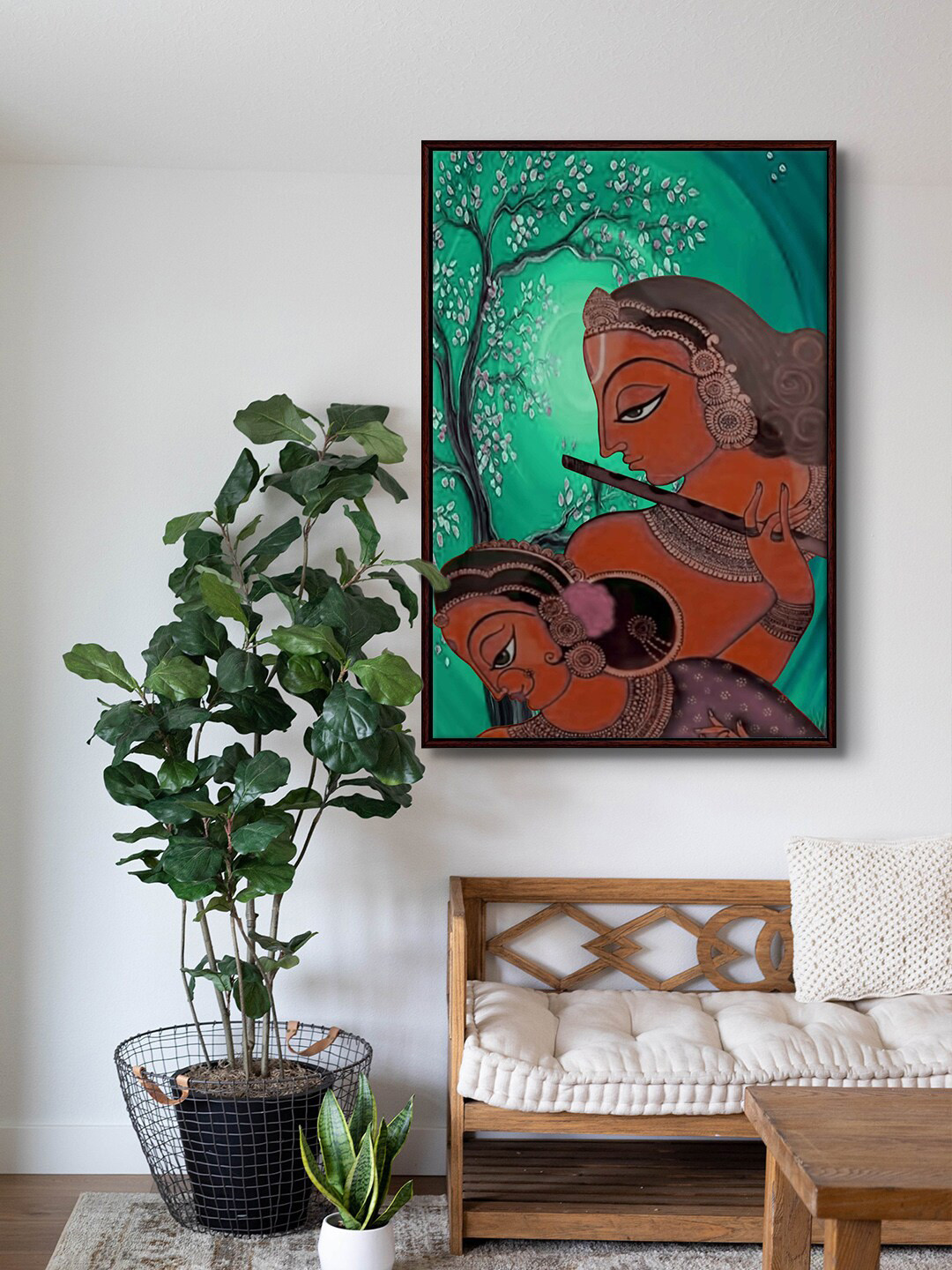999Store Green & Brown Canvas Radha Krishna Framed Painting Wall Art