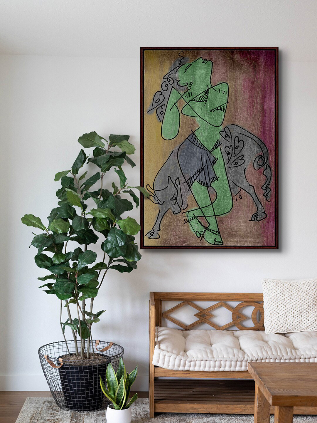 999Store Brown & Green Krishna Playing Flute Painting Frame Wall Art