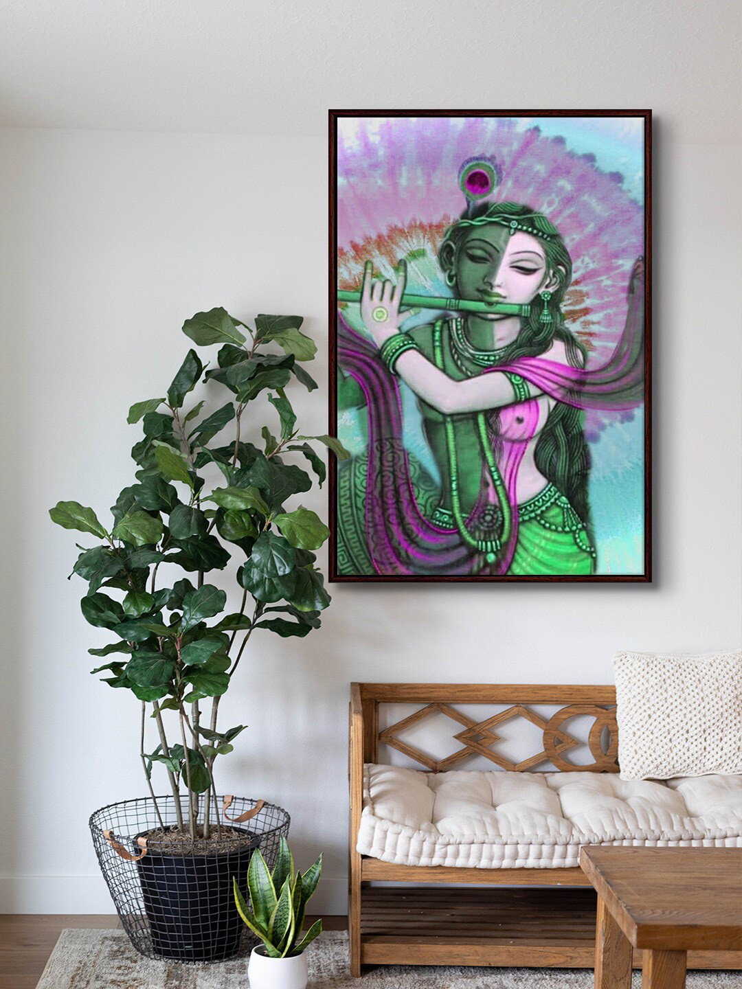 999Store Green and Purple Radha Krishna Framed Painting Wall Art