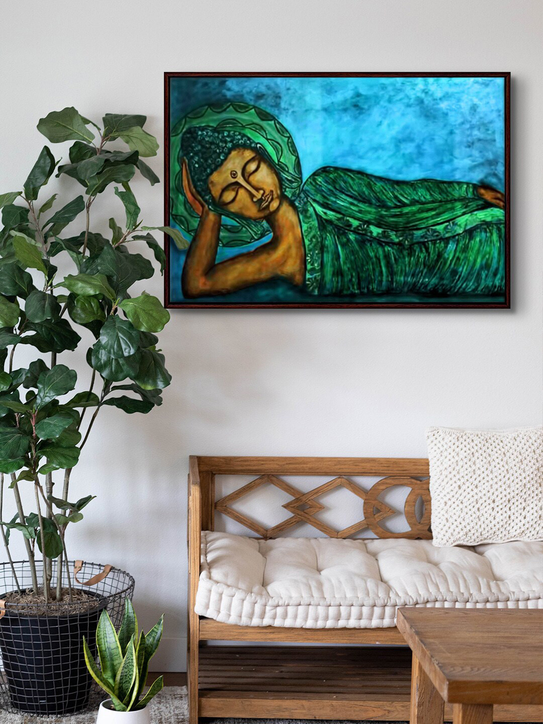 999Store Green & Blue Lord Buddha Sleeping Framed Painting Wall Art