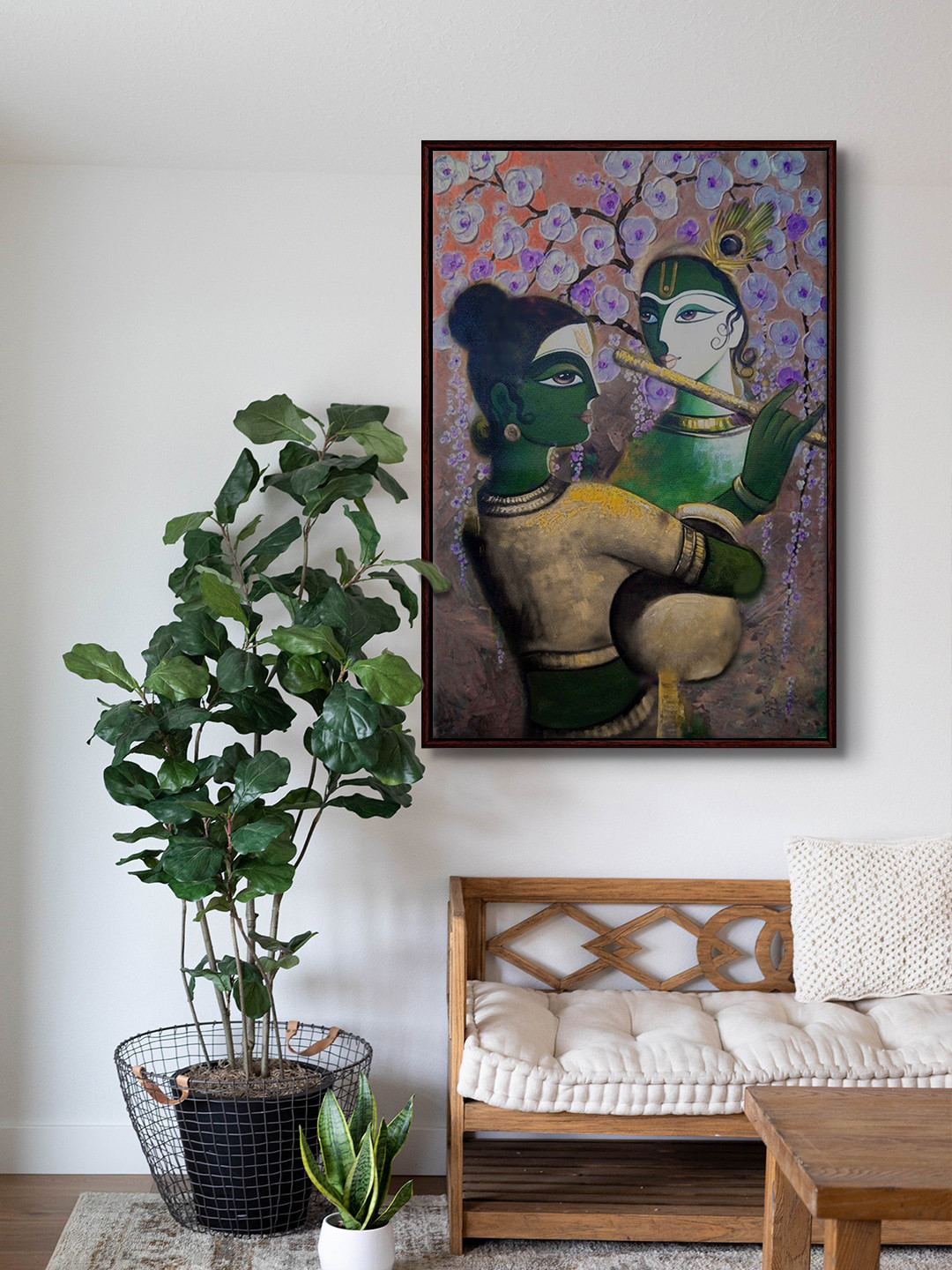 999Store Green & Purple Radhe Krishna Canvas Framed Painting Wall Art