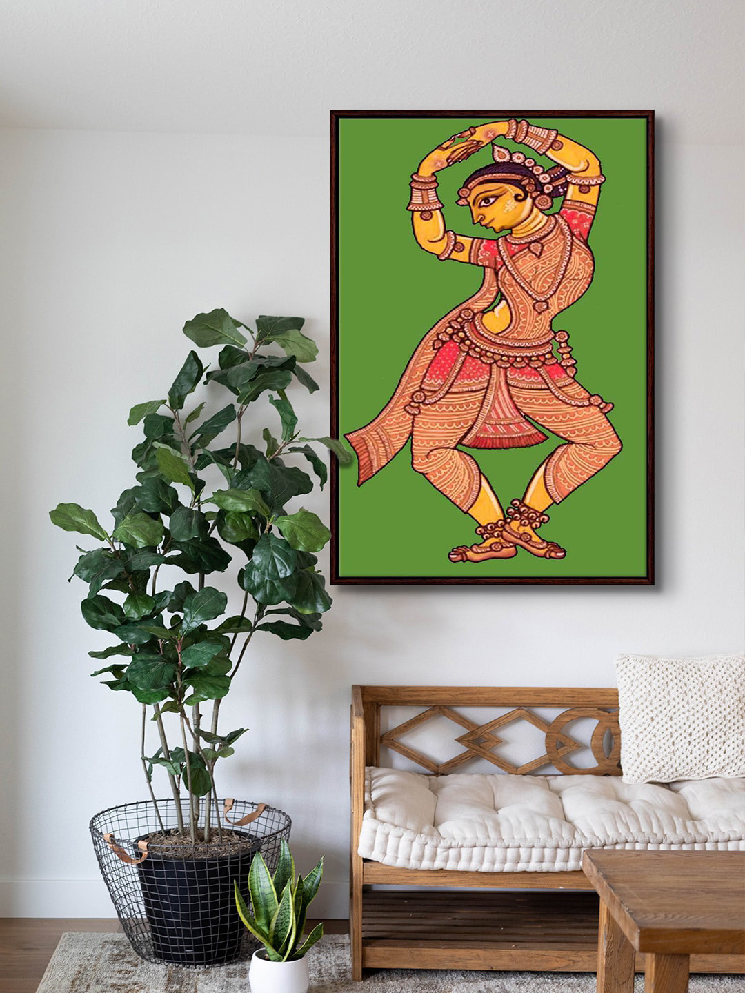 999Store Green and Peach Odissi Alassa Indian dance Modern Art Framed Painting Wall Art