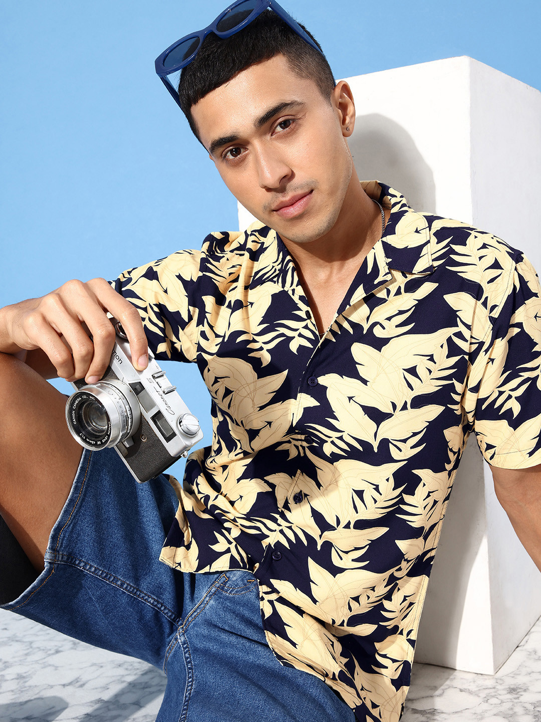 Mast & Harbour Men Creamy Beige Cuban Collar Tropical Printed Casual Shirt