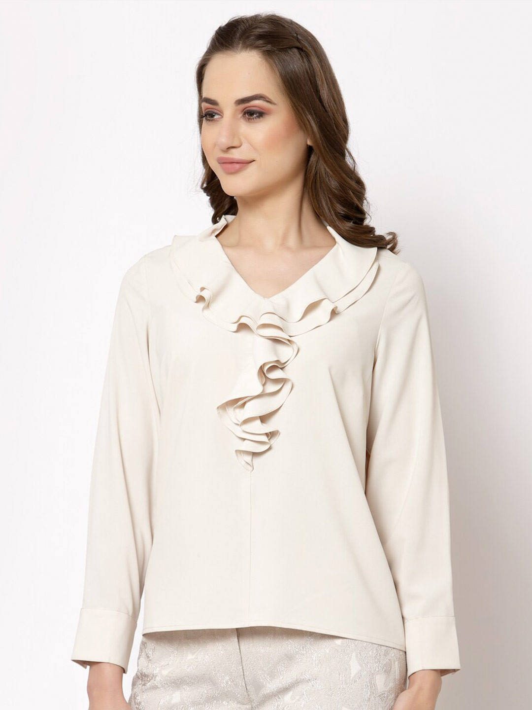 OFFICE & YOU V-Neck Ruffles Pure Cotton Top