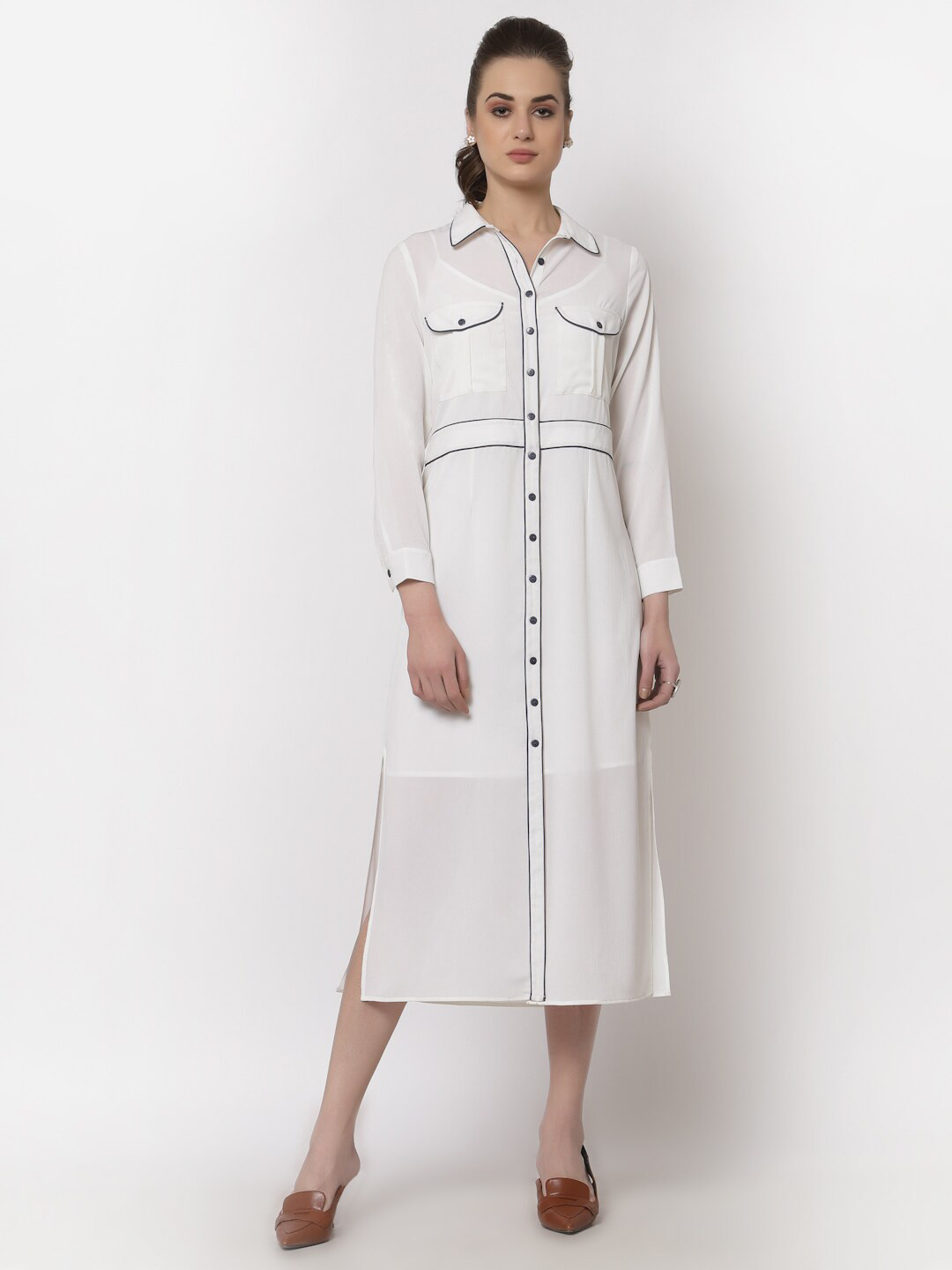 OFFICE & YOU Cuffed Sleeves Cotton Shirt Style Midi Dress