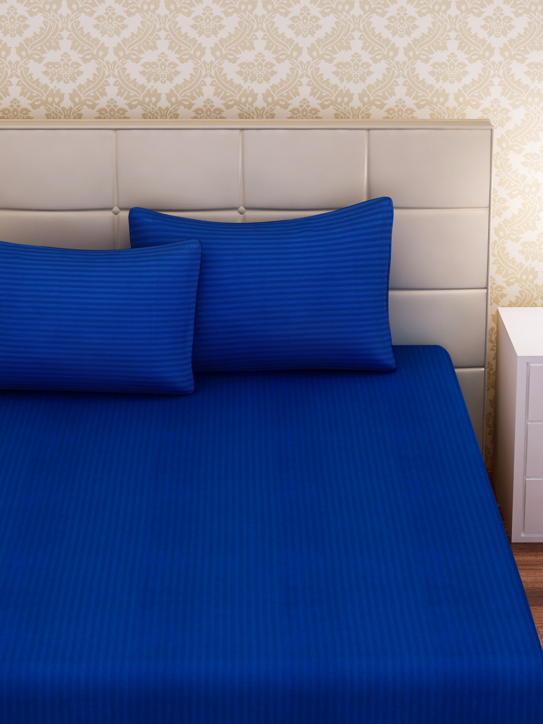 SEJ by Nisha Gupta Book Fold Blue Striped Cotton 210 TC Double Superfine Bedsheet with 2 Pillow Covers-108 x 108 inches