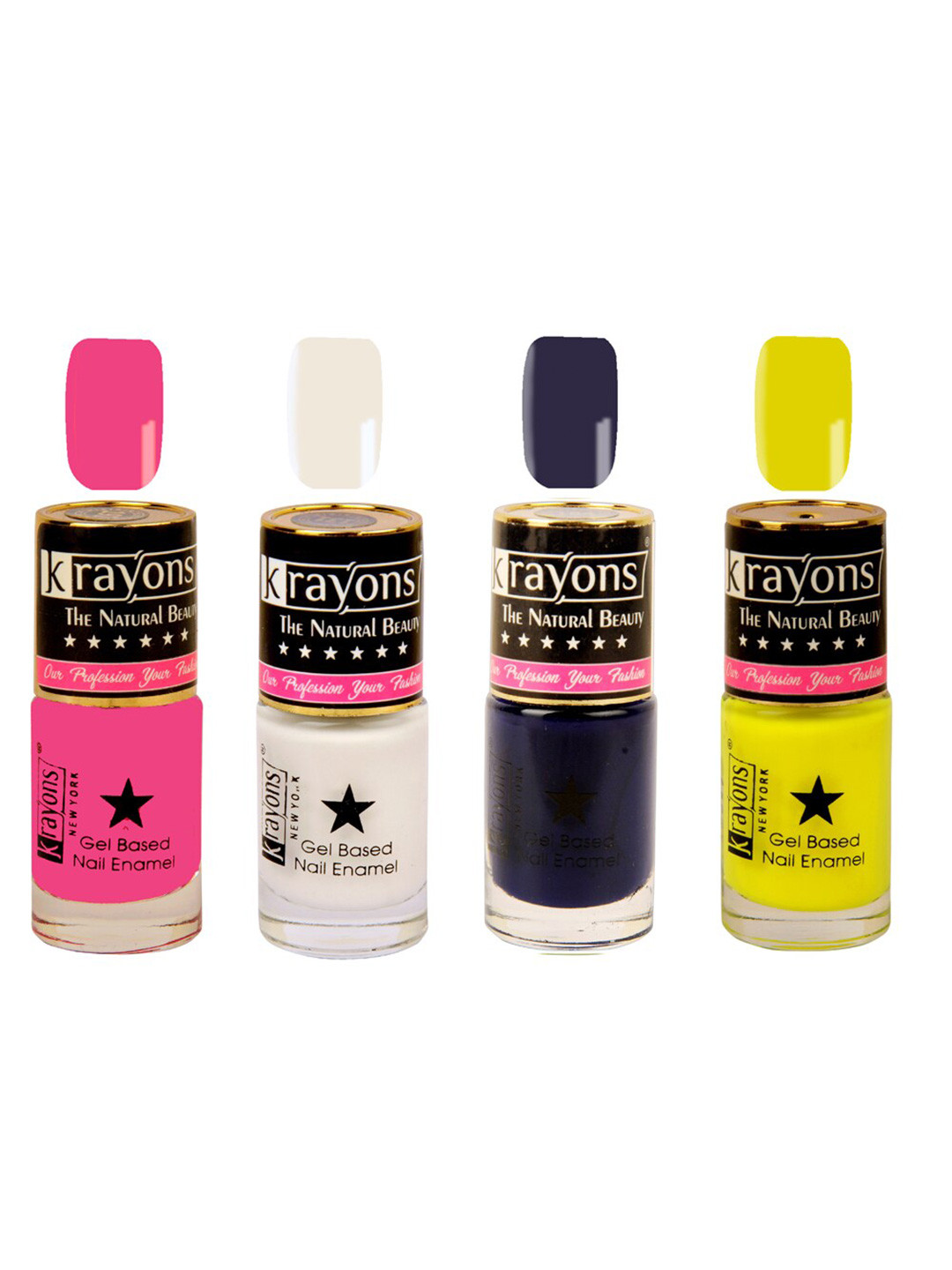 krayons Set of 4 Long-Lasting & Quick Dry Gel Based Nail Enamel 6 ml Each -Neon Yellow - White Canvas - Deep Blue - Angel Pink
