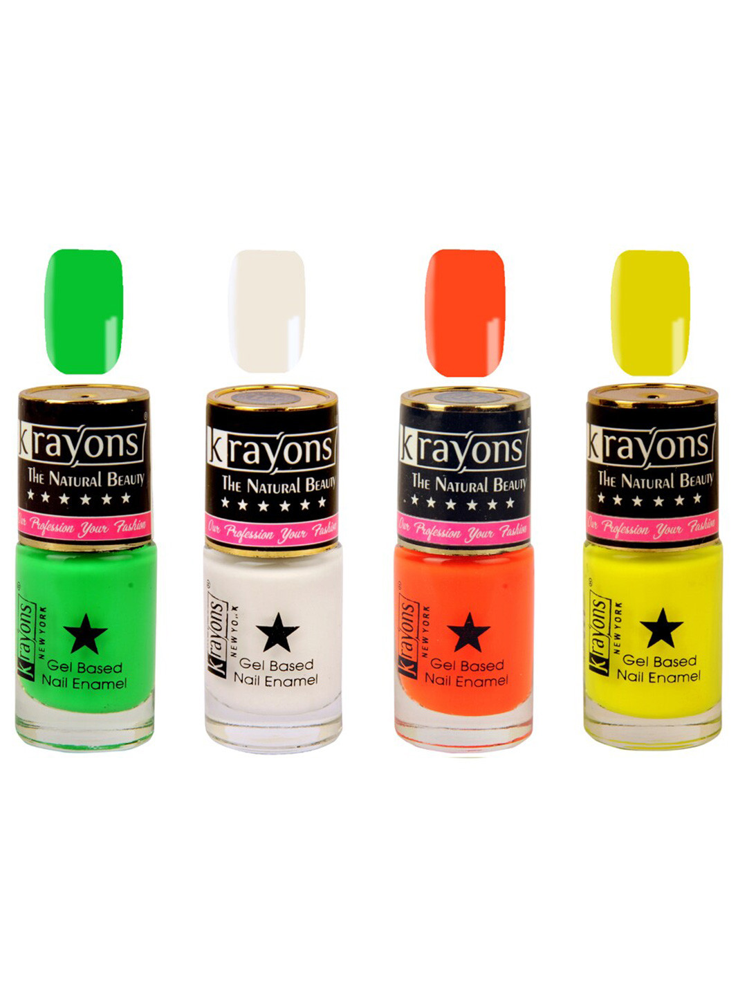 krayons Set of 4 Long-Lasting & Quick Dry Gel Based Nail Enamel 6 ml Each -White Canvas - Neon Yellow - Neon Green - Neon Orange