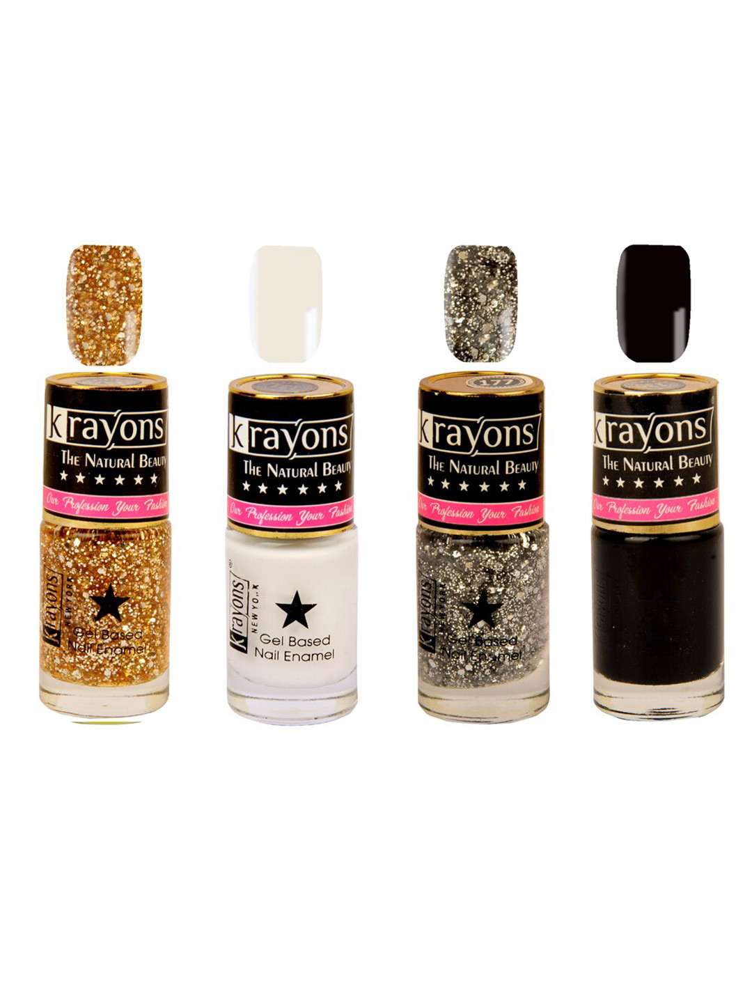 krayons Set of 4 Long-Lasting & Quick Dry Gel Based Nail Enamel 6 ml Each -Black Sea - White Canvas - Shimmer Golden - Shimmer Silver