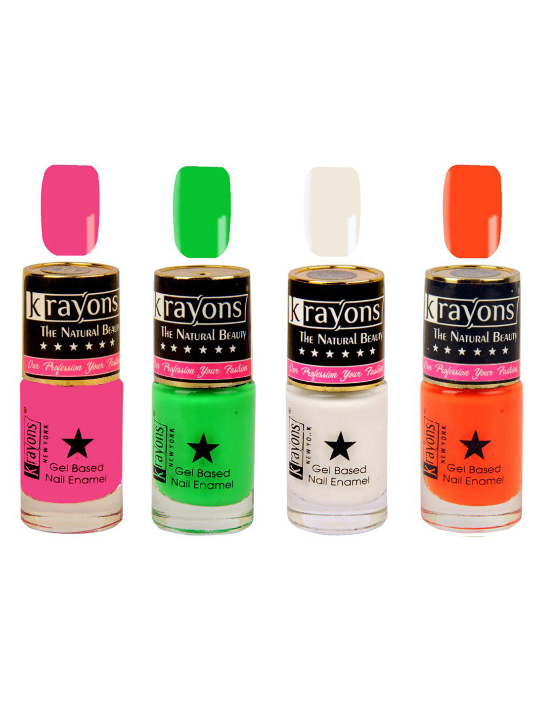 krayons Set of 4 Long-Lasting & Quick Dry Gel Based Nail Enamel 6 ml Each -Angel Pink - Neon Green - White Canvas - Neon Orange