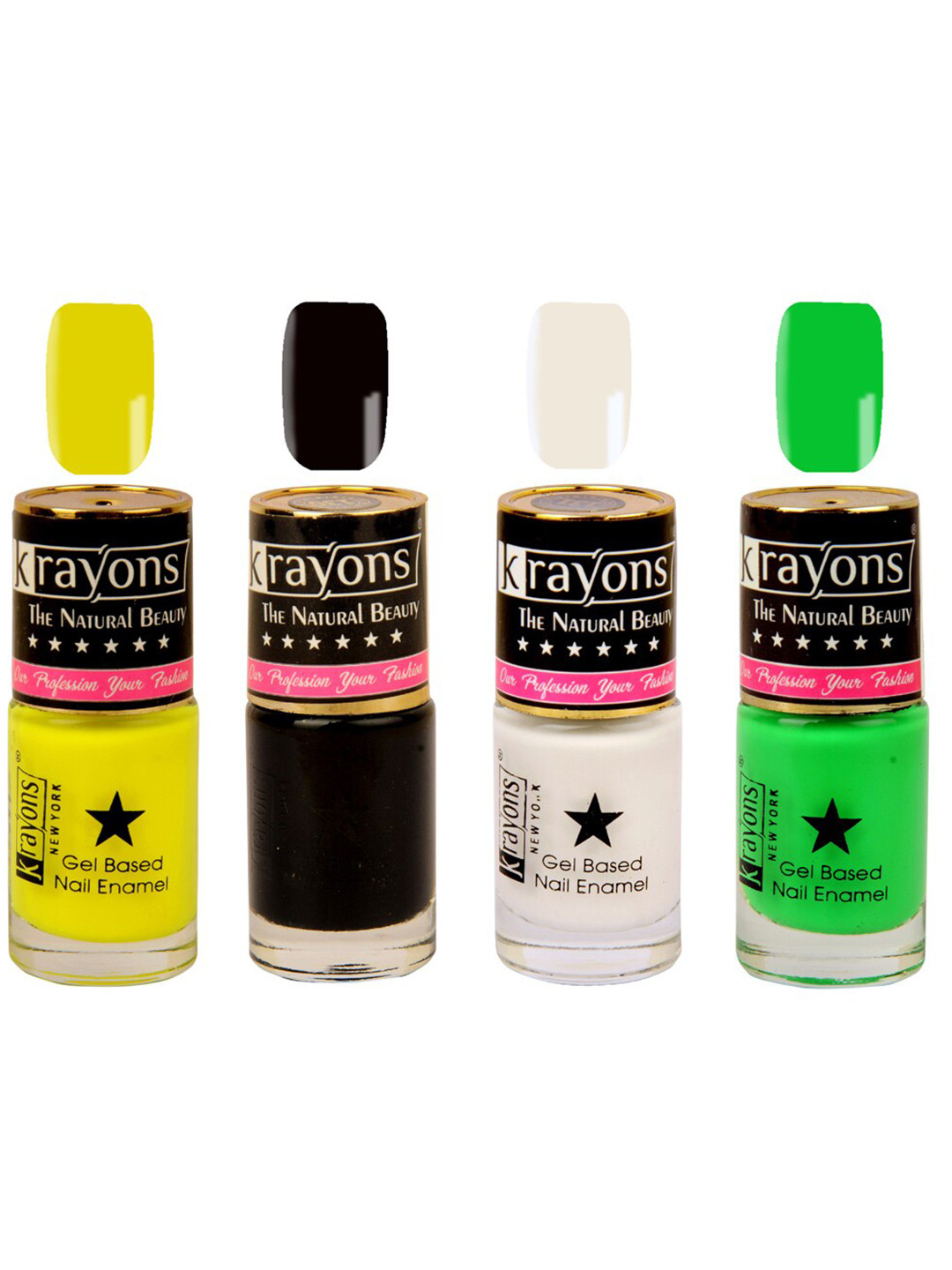 krayons Set of 4 Long-Lasting & Quick Dry Gel Based Nail Enamel 6 ml Each -White Canvas - Black Sea - Neon Yellow - Neon Green
