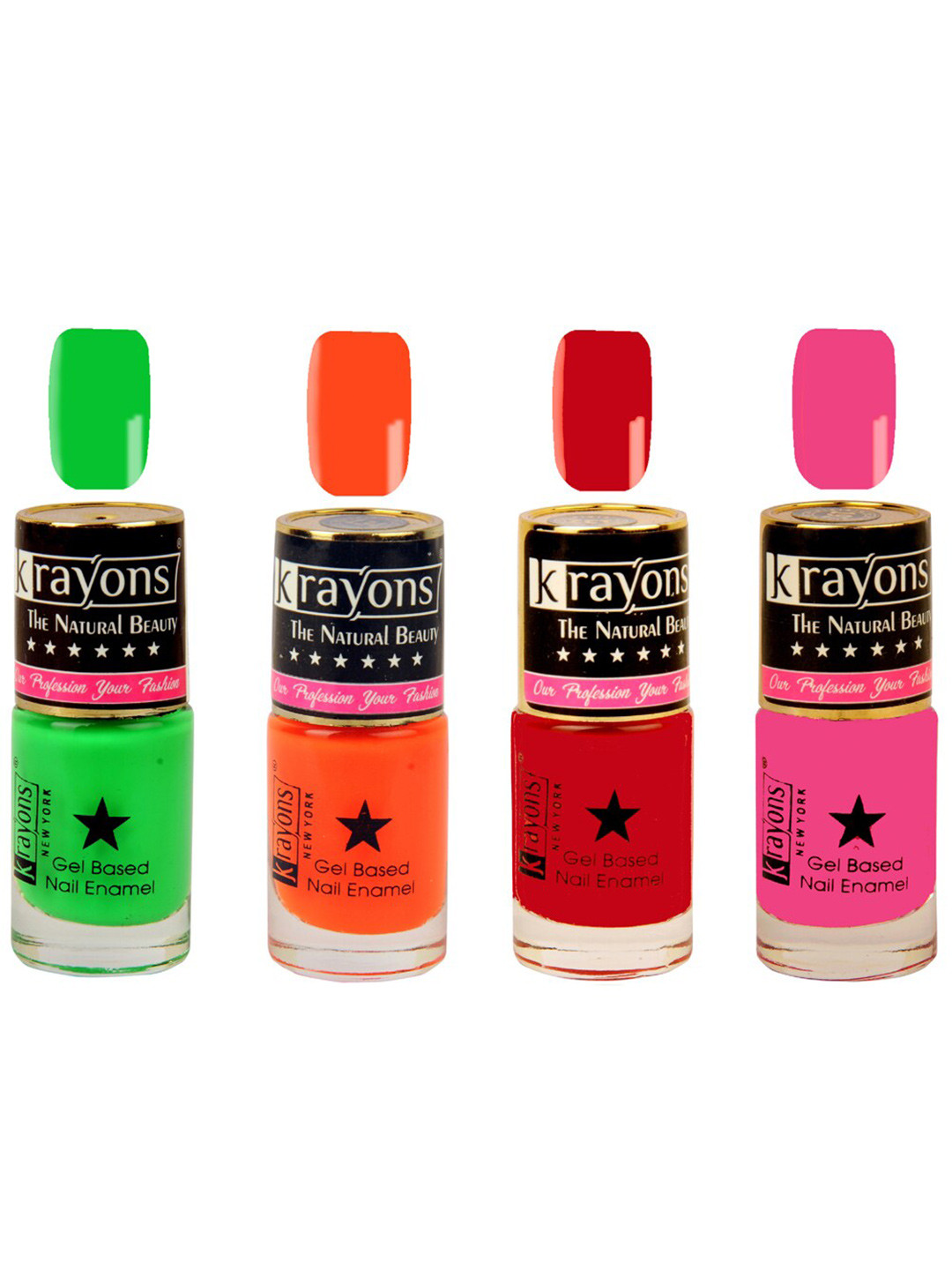 krayons Set of 4 Long-Lasting & Quick Dry Gel Based Nail Enamel 6 ml Each -Signal Red - Neon Green - Angel Pink - Neon Orange