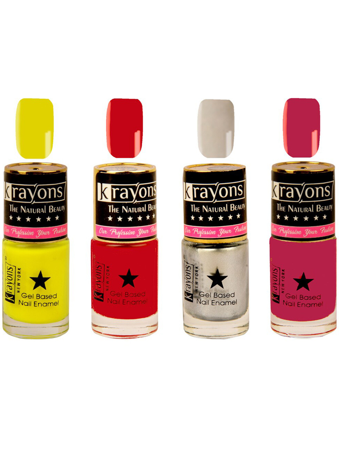 Krayons Set of 4 Gel Base Nail Polish - Silver Grey, Signal Red, Neon Yellow, Scarlet Red