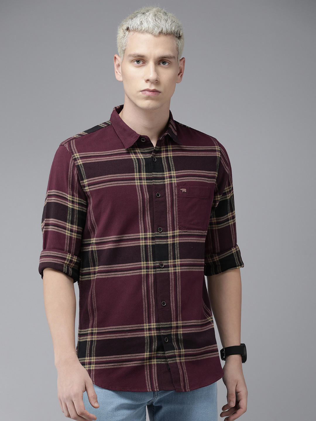 THE BEAR HOUSE Slim Fit Tartan Checked Pure Cotton Casual Shirt