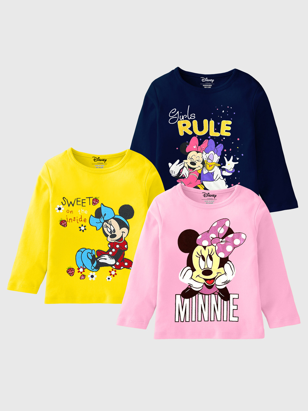 KUCHIPOO Girls Pack of 3 Mickey Mouse Printed T-shirt