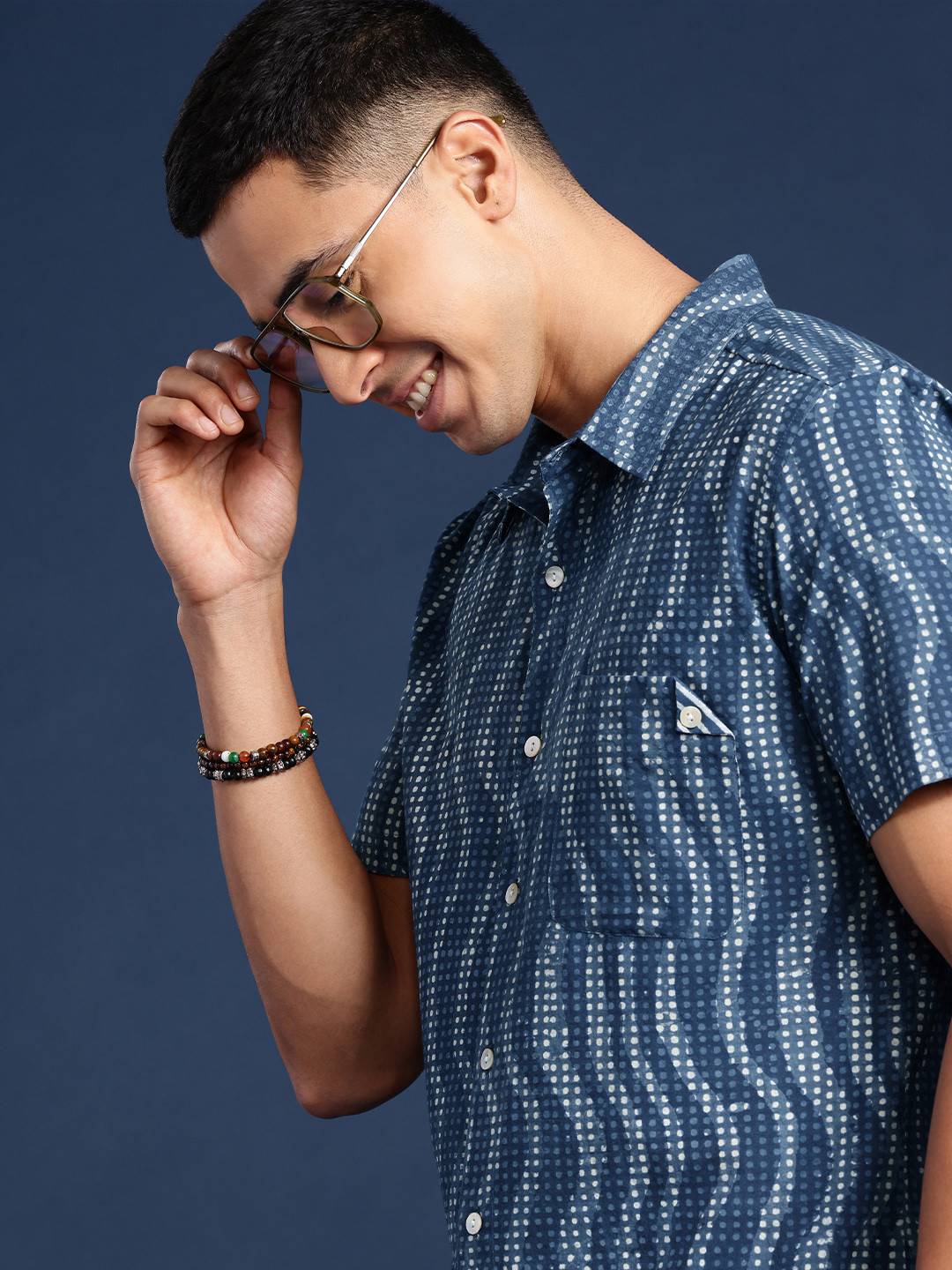 Taavi Pure Cotton Geometric Printed Indigo Shirt