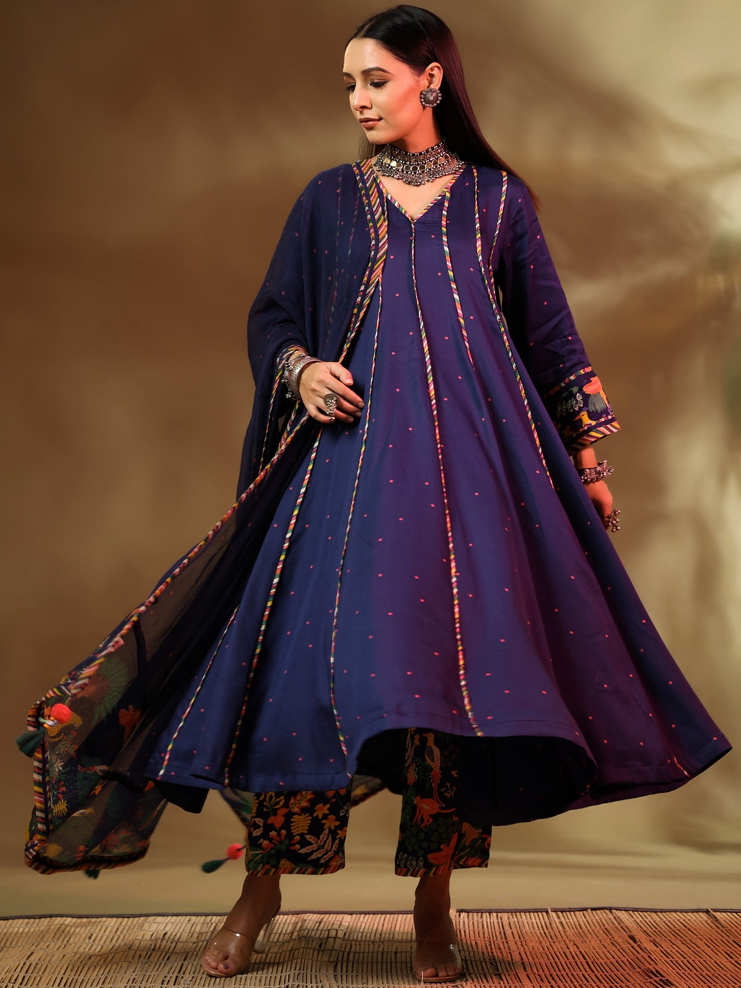 Baise Gaba Women Navy Blue & Coral Satin Anarkali Kurta