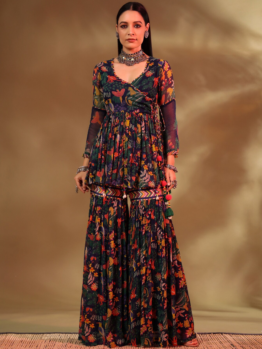 Baise Gaba Women Floral Printed Angrakha Kurti with Sharara Set