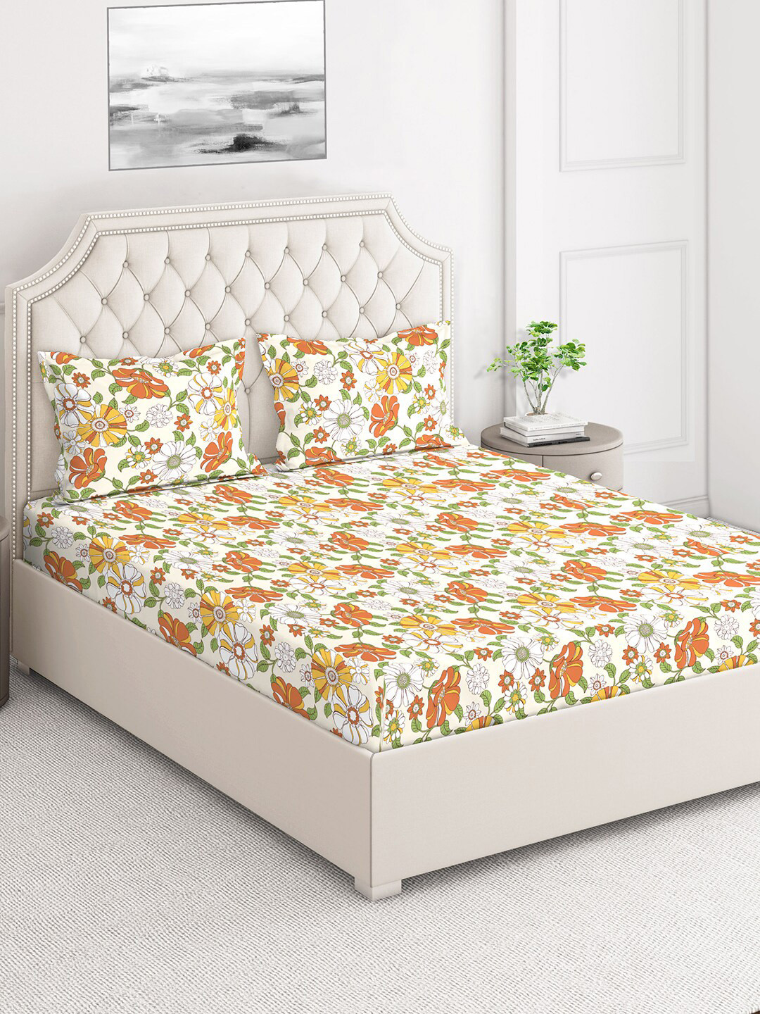 Layers Yellow & Orange Floral 124 TC Flat Cotton Queen Bedsheet with 2 Pillow Covers