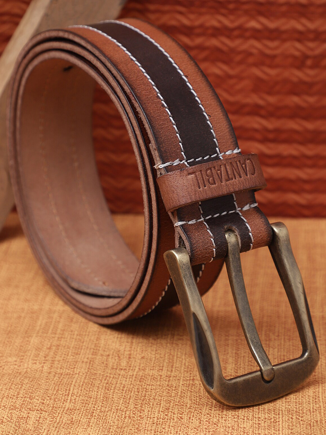 Cantabil Men Striped Leather Tang Slim Belt