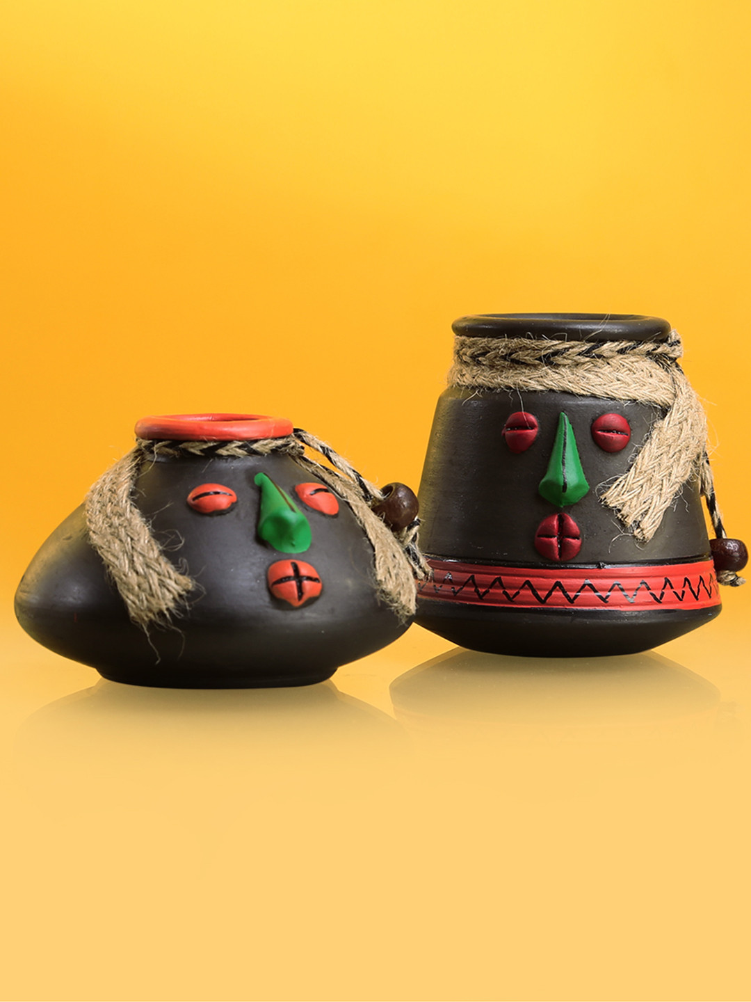 ExclusiveLane Tribal Rustic Pot-Faces Black Terracotta Natural Living Room Set of 2 Medium Showpieces - 3.6 Inches
