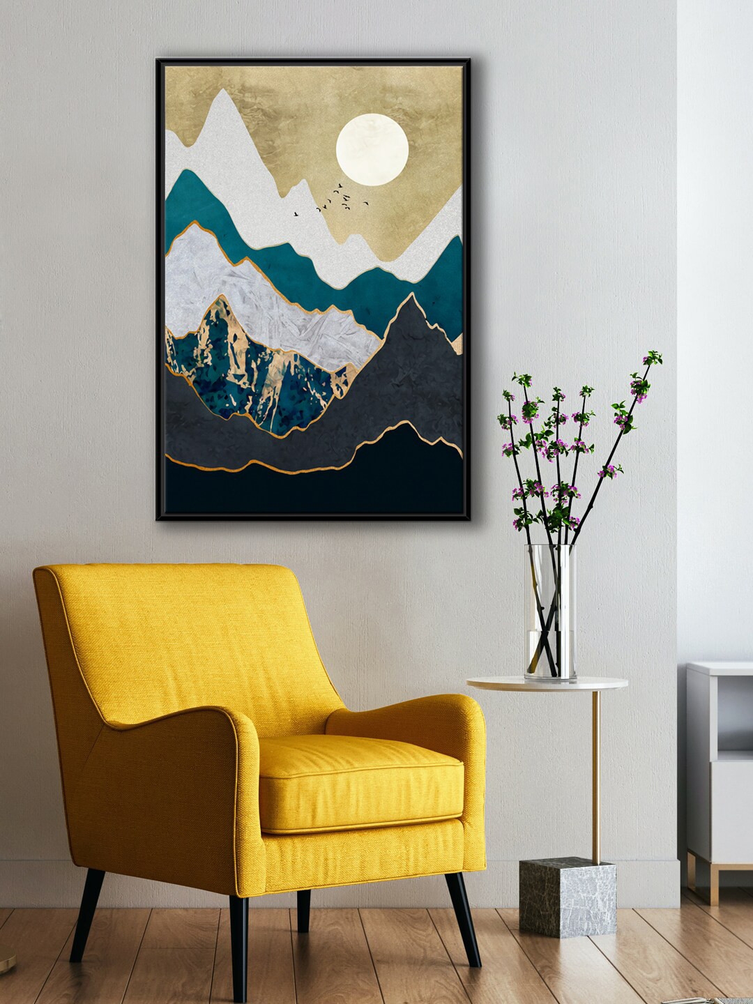 999Store Beige & White Mountain Sunset With Flying Birds Wall Art