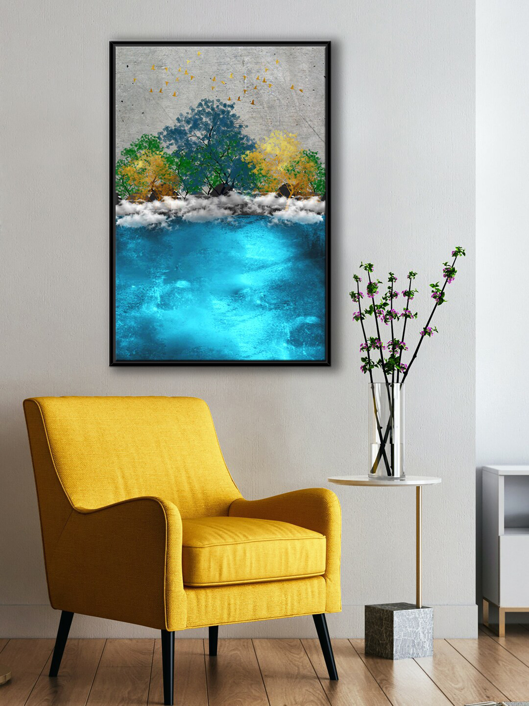 999Store Grey & Blue Tree Art With Flying Birds PaintingWall Art
